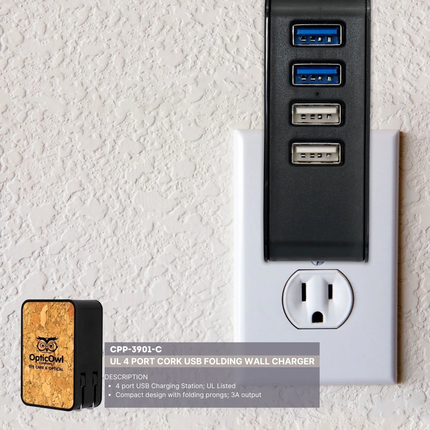 UL 4 PORT CORK USB FOLDING WALL CHARGER 4