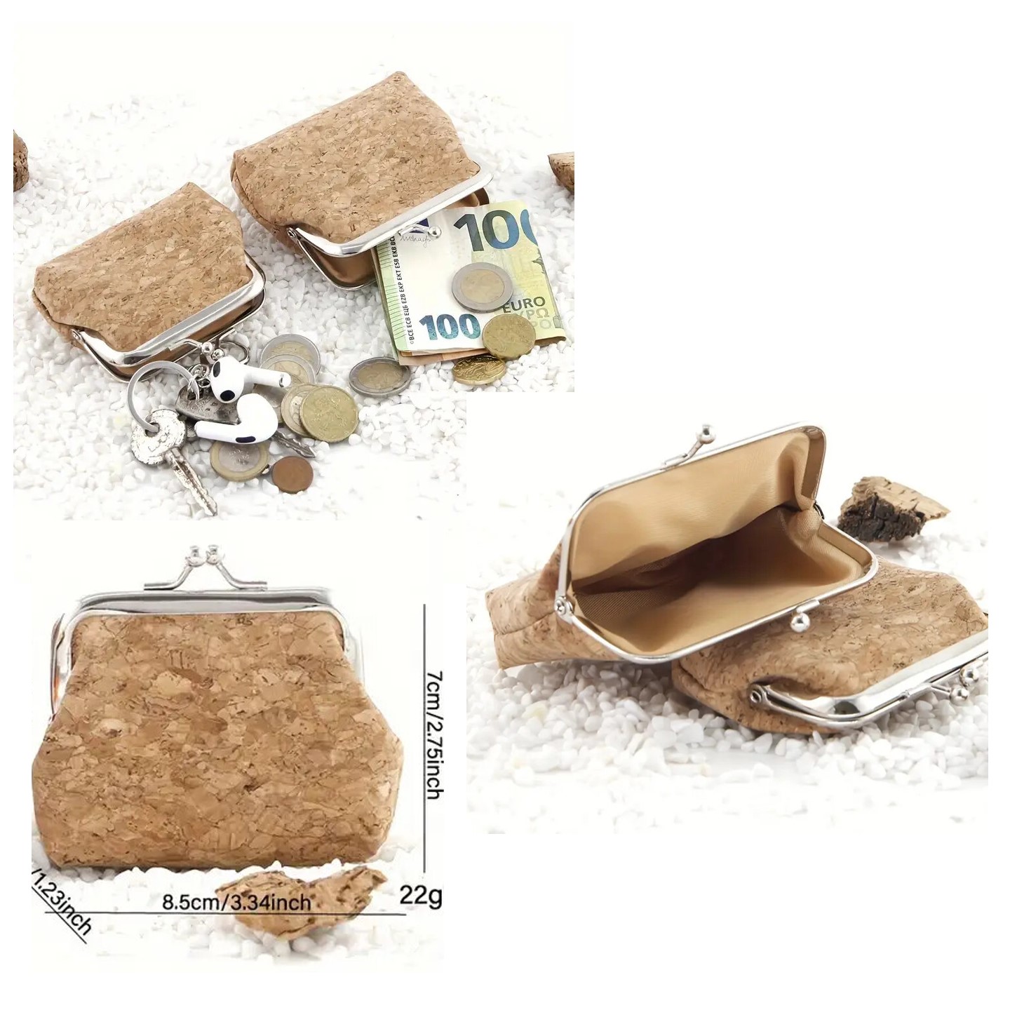 Small retro cork coin purse with kiss Lock/leather wallet 3
