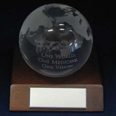 OPTICAL GLASS GLOBE AWARD WITH WALNUT WOOD BASE 2