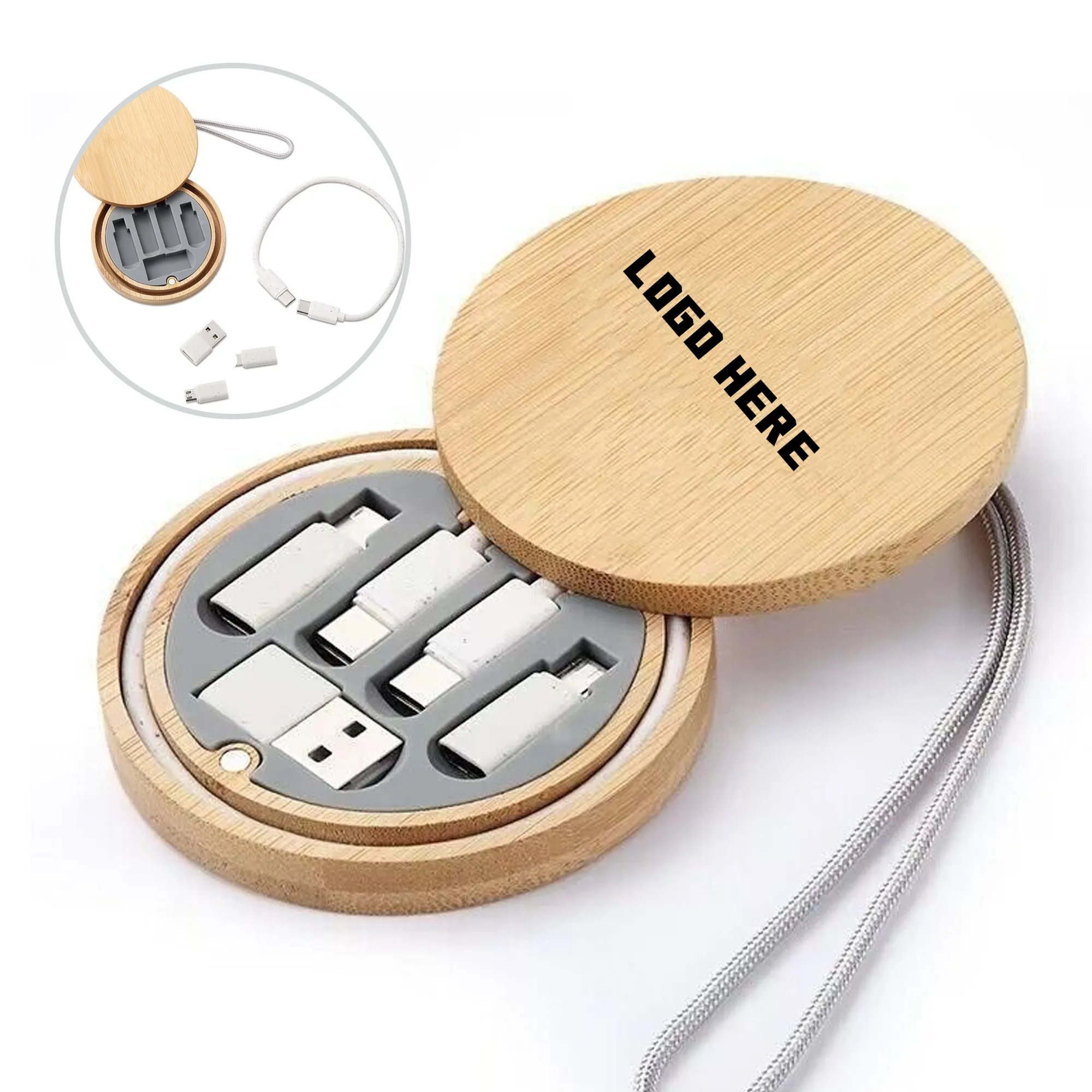 Multi USB Adapter Kit Fast Charging Cable Bamboo Storage Box 2