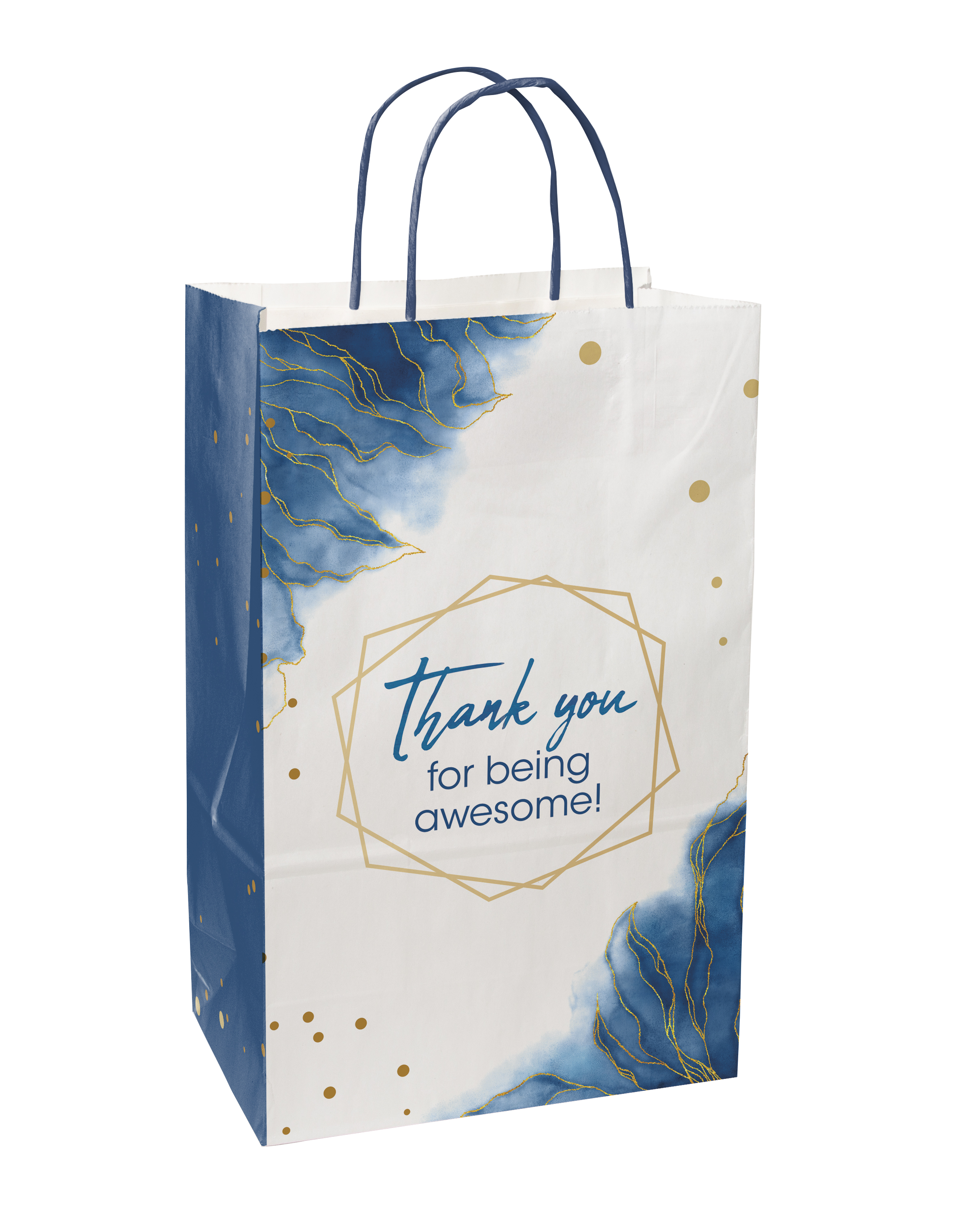Multi-sided Full Color White Shopper Paper Bag - Blue Handle (8.5" x 13.375" x 5")