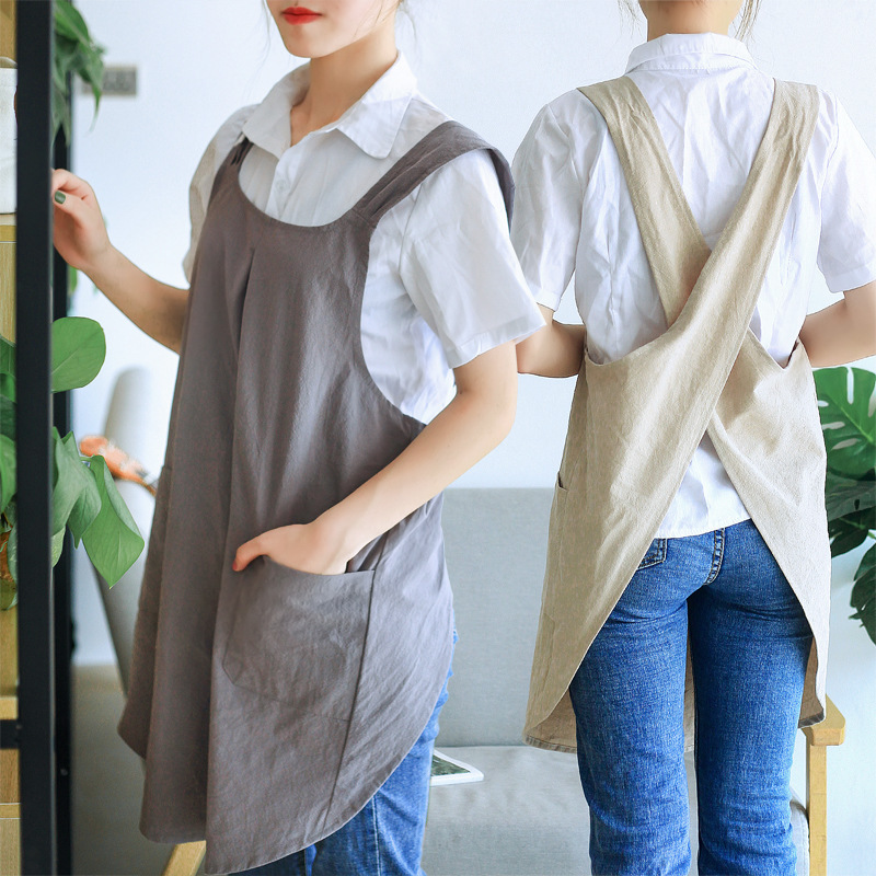 Linen Cotton Cross Back Pinafore Apron with Pockets 3
