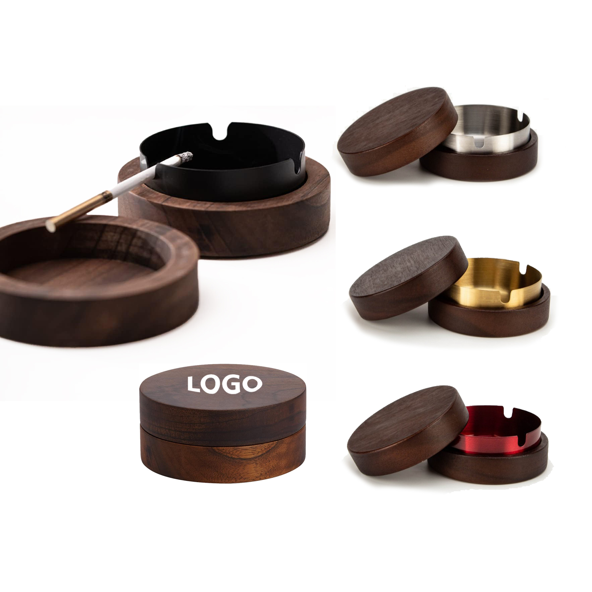 Round Walnut Wood Covered Metal Ashtray 1