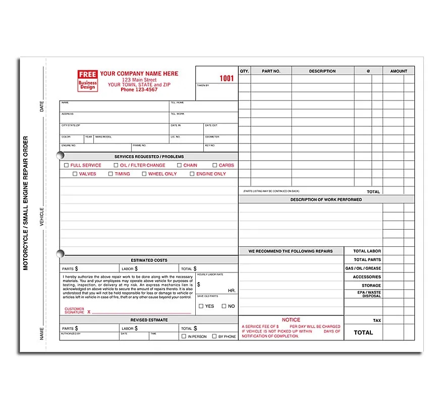 Motorcycle - Small Engine Repair Order Forms 1
