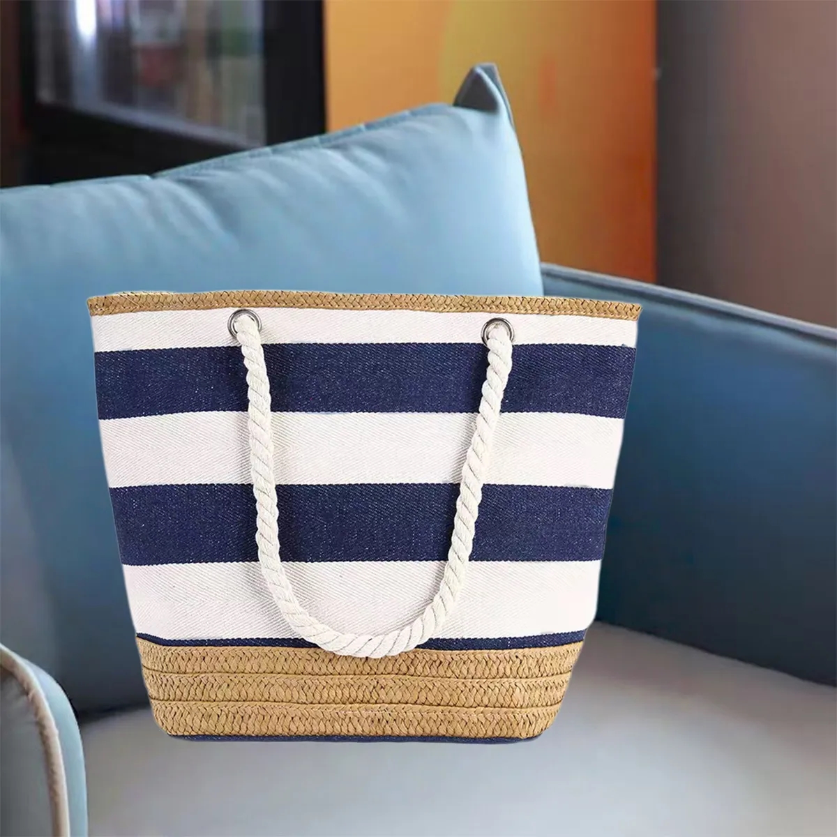 Striped Canvas Jute Beach Tote Bag With Rope Handles 6