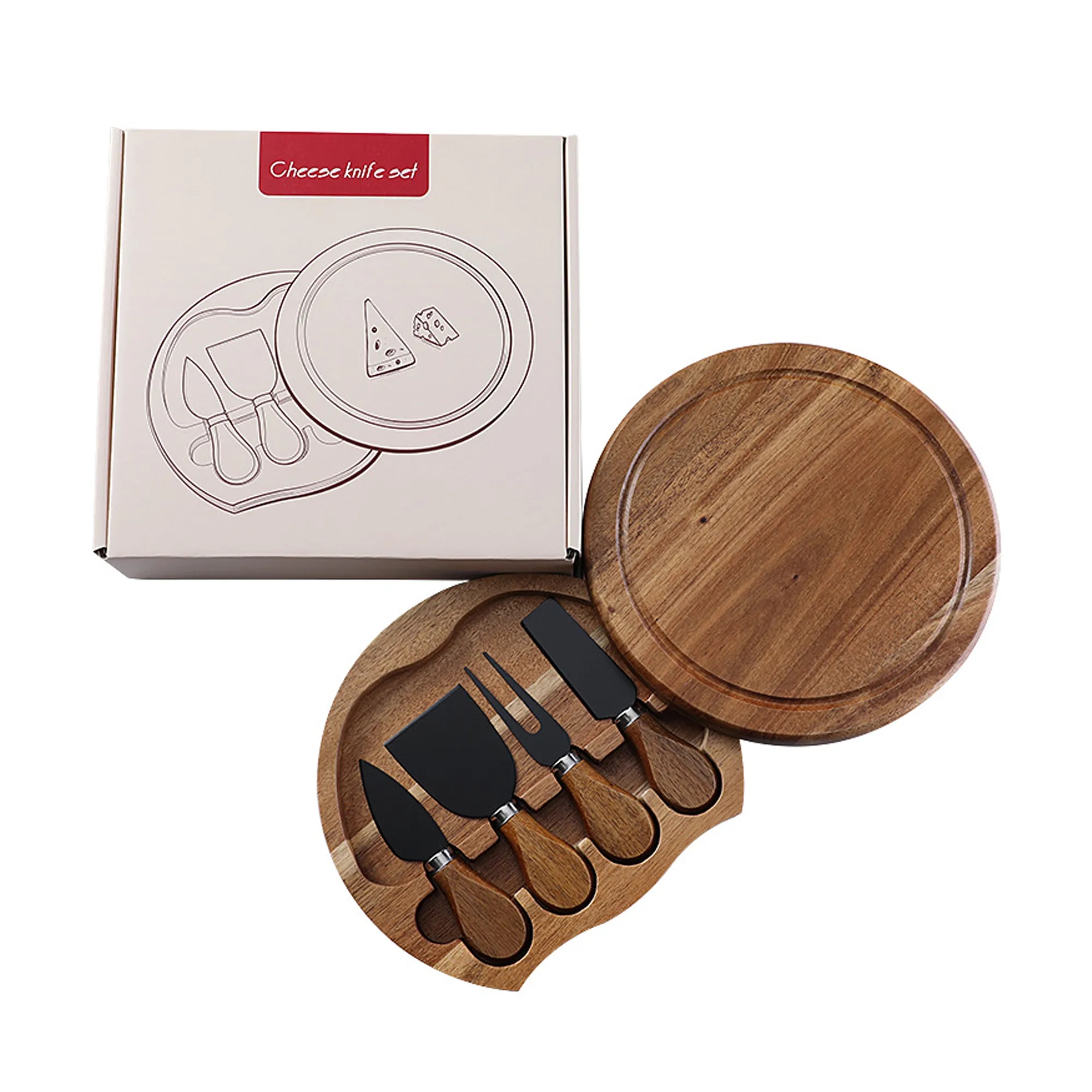 4pcs Round Oak Cheese Box Stainless Steel Knife Spatula Set 5