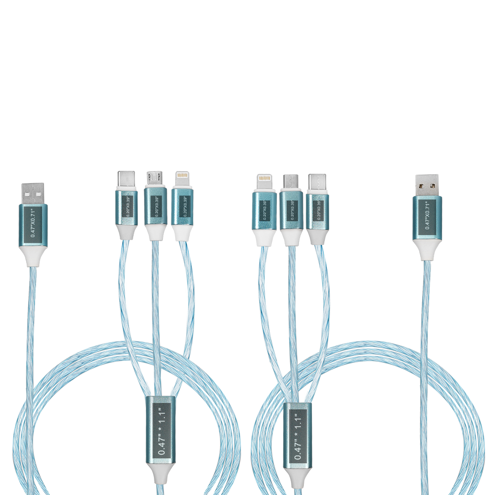 Calumet 4ft, 3in1 LED Flowing Charging Cables with Type C, Android and IOS 13