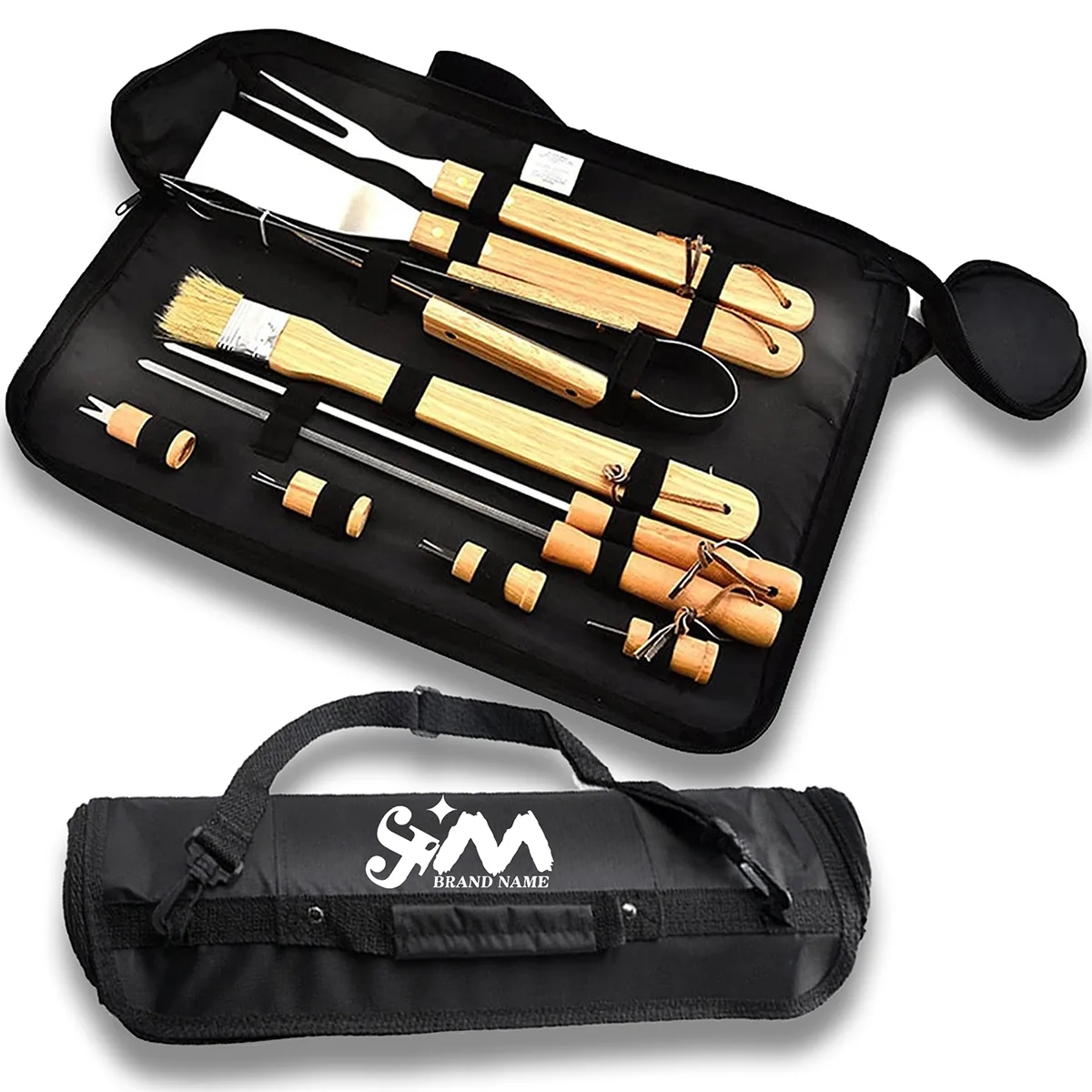 Outdoor Picnic Camping Wooden Handle Stainless Steel BBQ Set 3