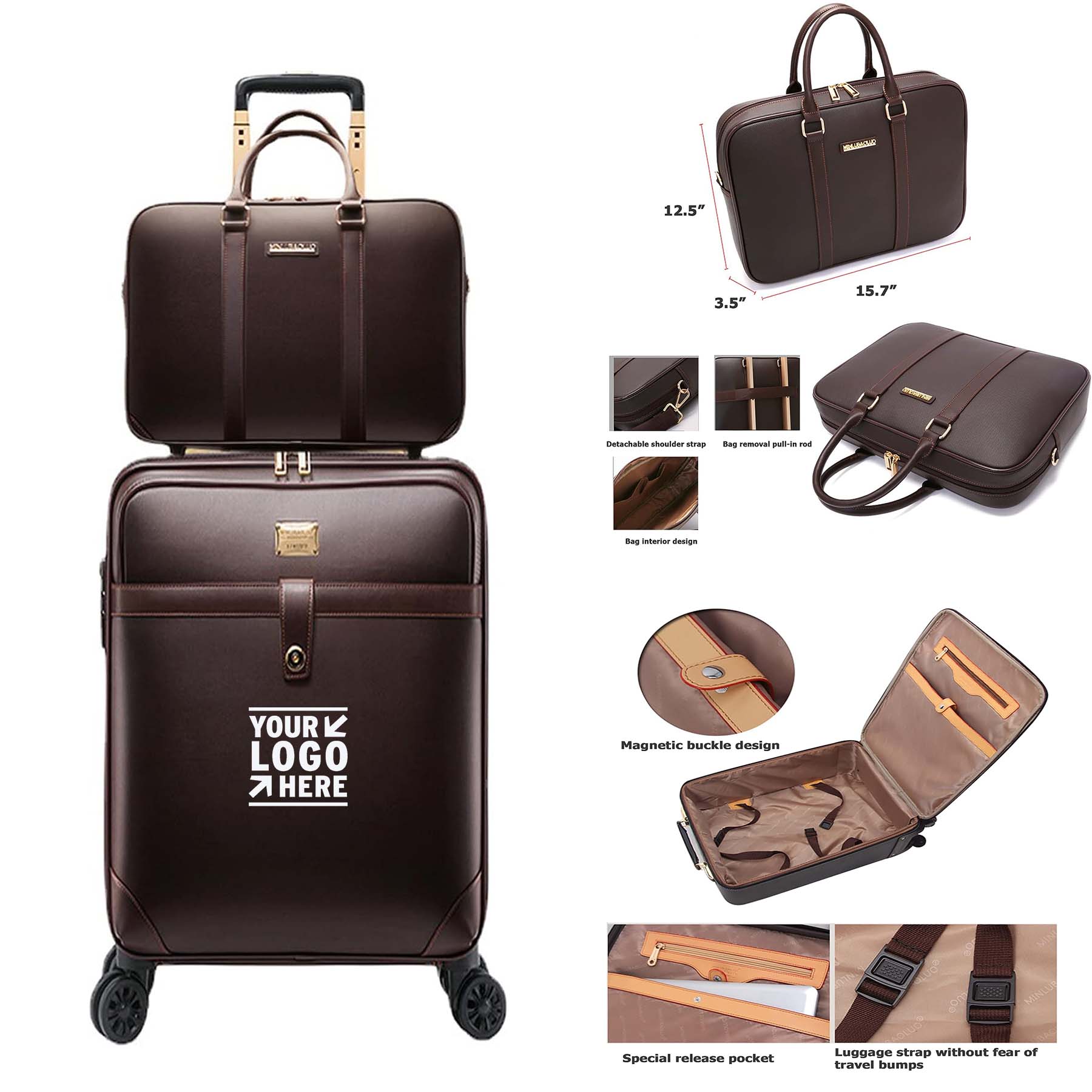 2Pcs 20In Leather Expandable Business Travel Waterproof Luggage with TSA Lock 2