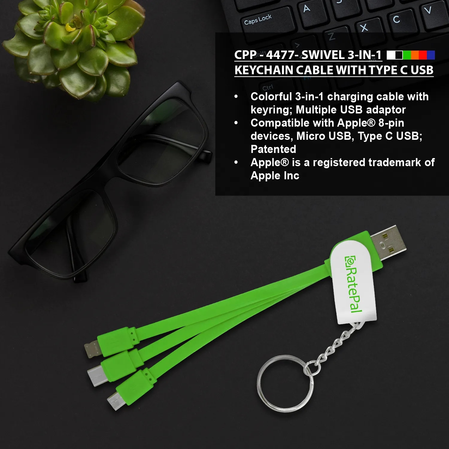 Swivel 3-In-1 Keychain Cable With Type C USB 5