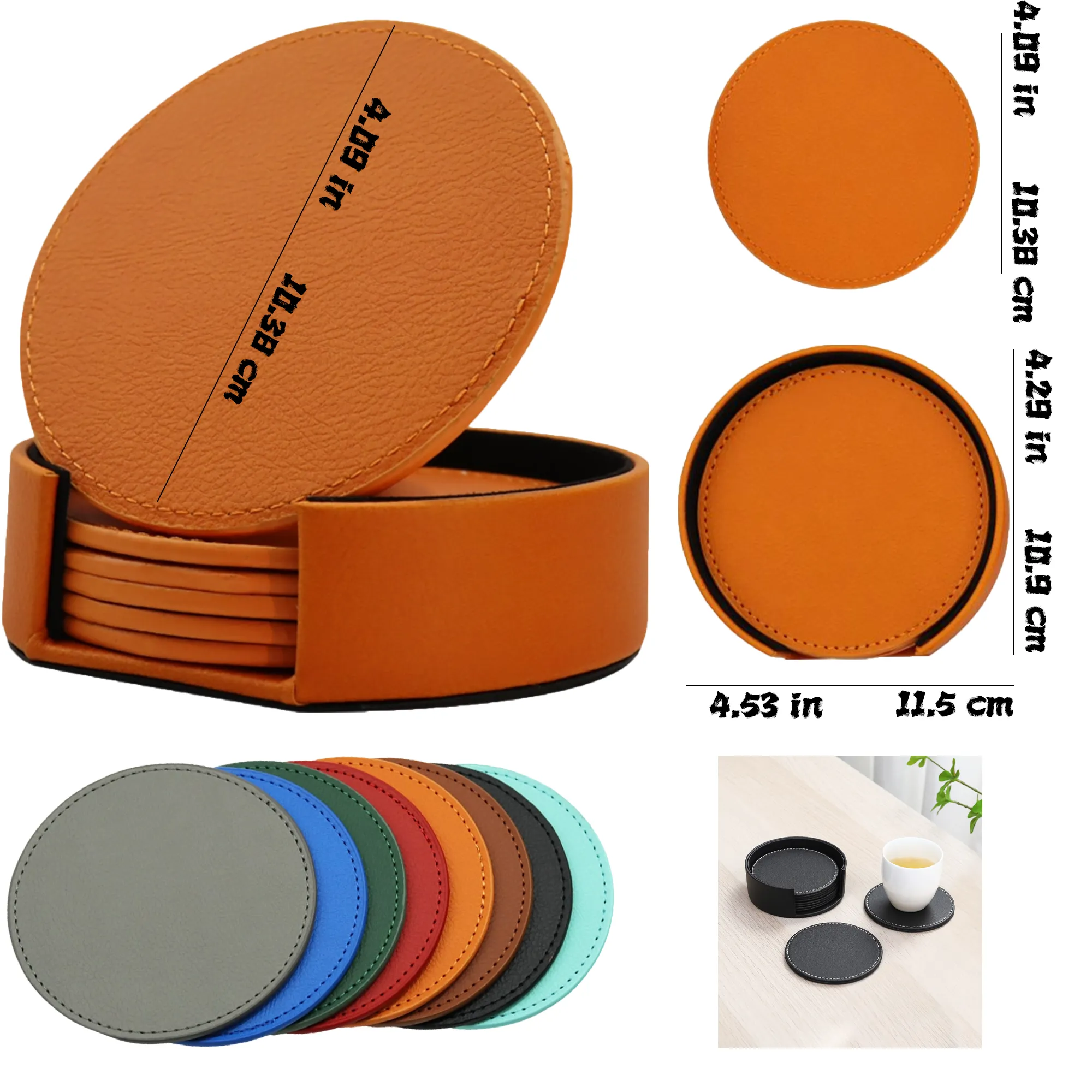 Set of 6 Round PU Leather Coasters 2