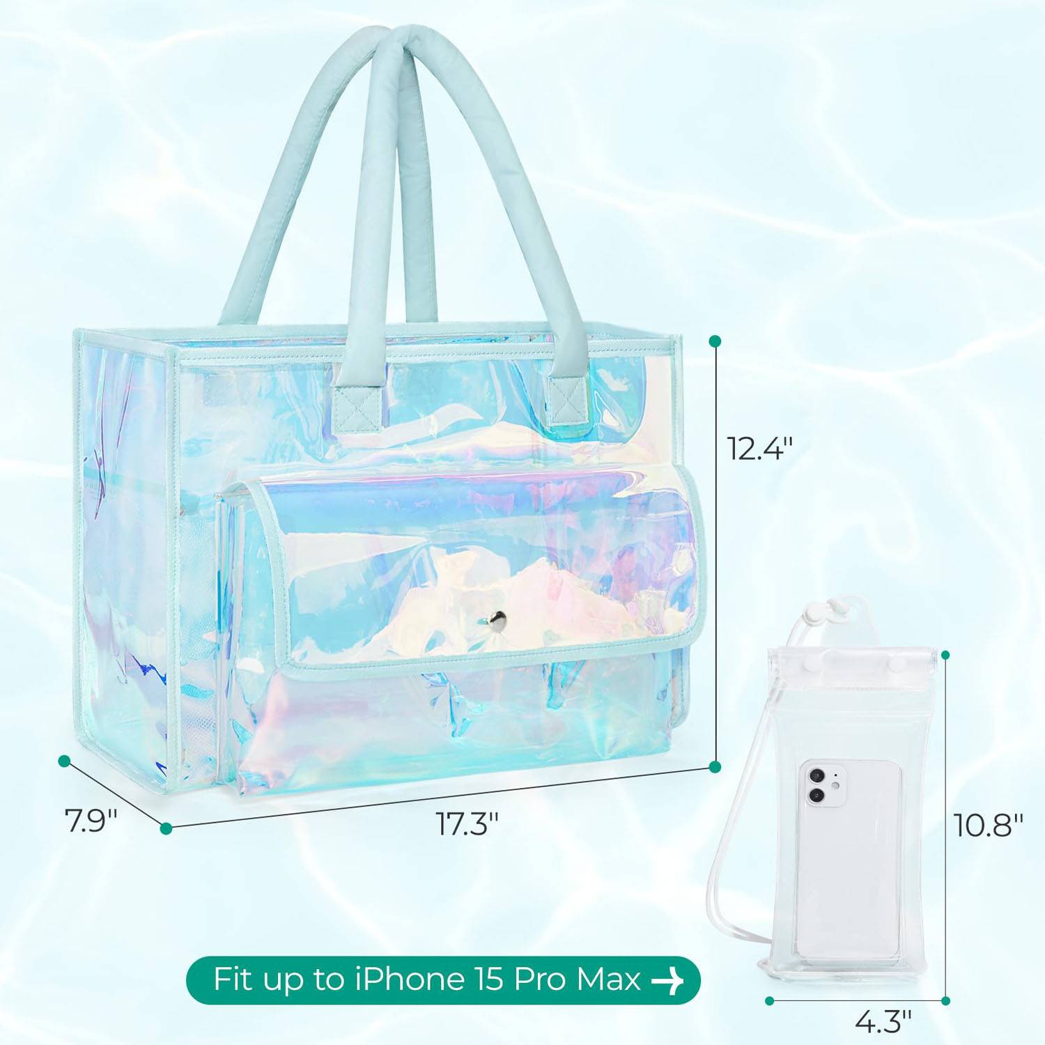 Holographic PVC Waterproof Beach Tote Bag w/ Phone Pouch 1