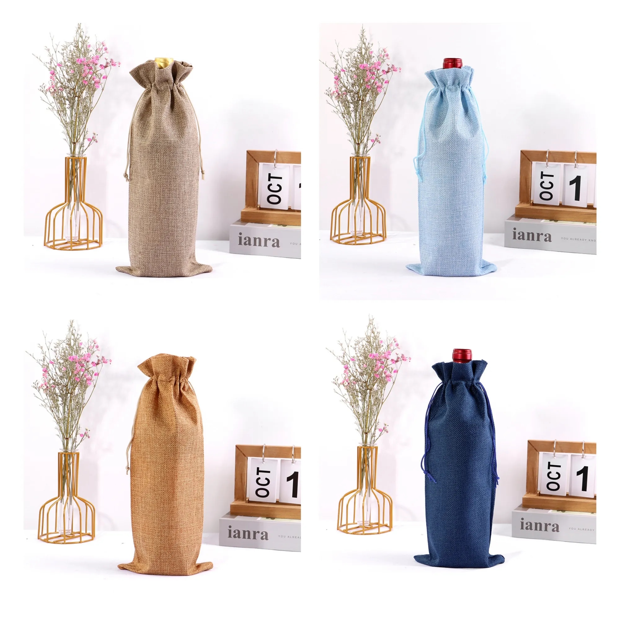 Full Color Drawstring Linen Wine Bottle Bag 1
