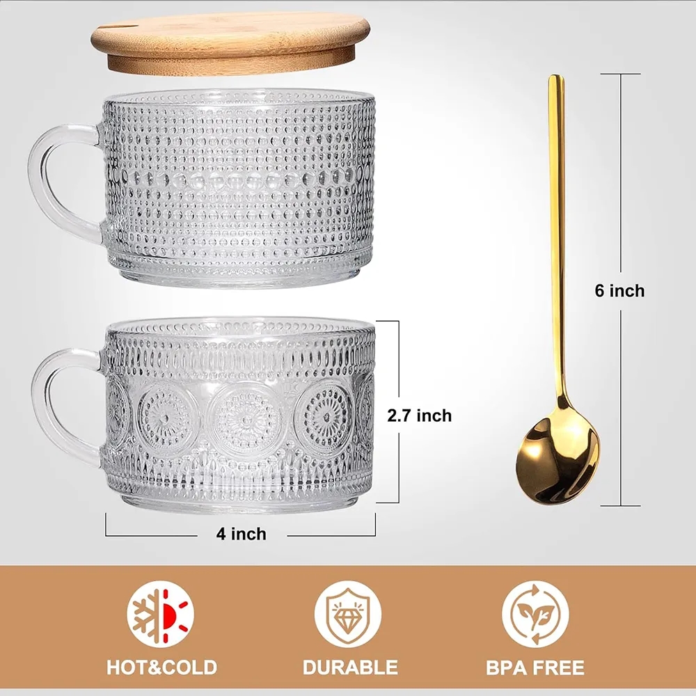 14oz Embossed Glass Iced Coffee Mugs Cups with Lids 8