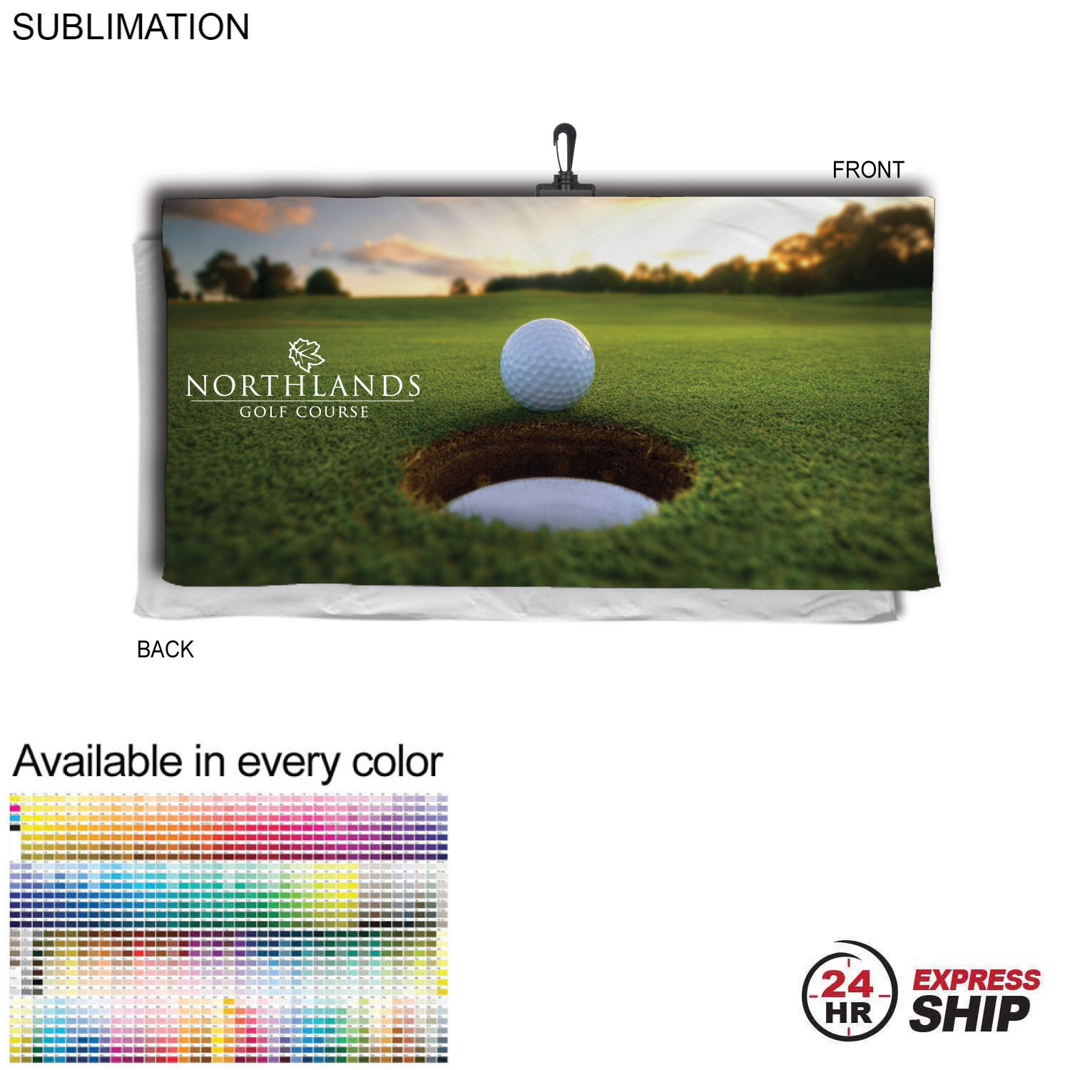 24 Hr Express Ship - Oversized Golf Towel in Microfiber Terry, 30x60, with Black Hook, Sublimated 7