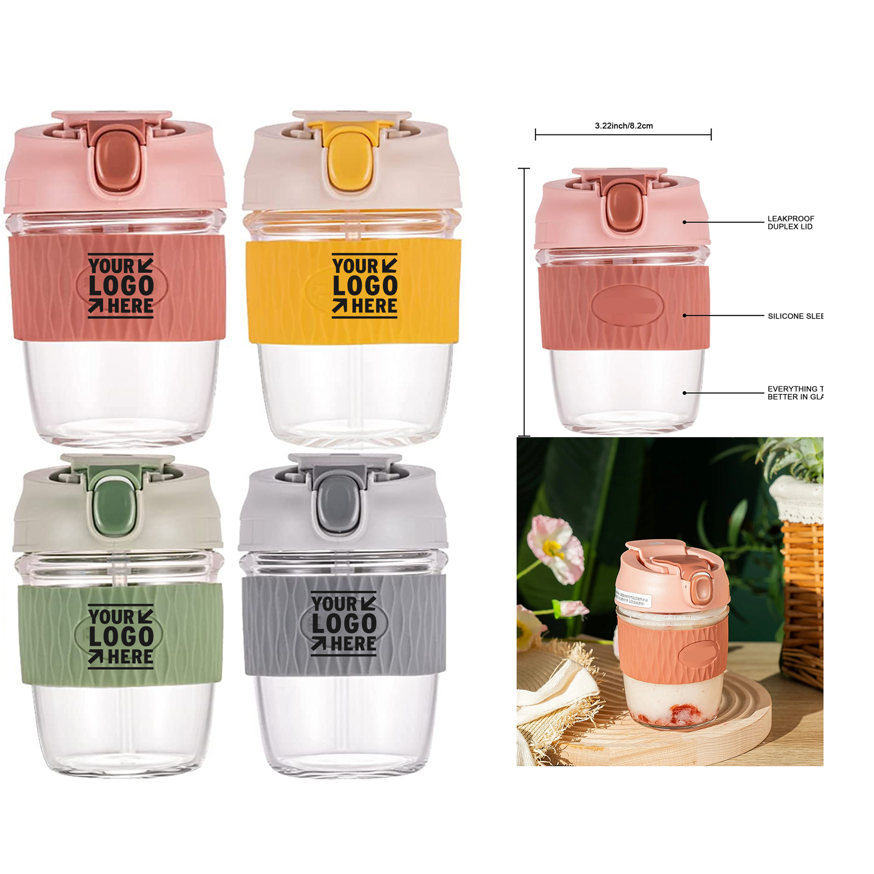 12 oz Glass Water Bottle with Straw