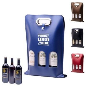 Buckled PU Leather 3-Bottle Wine Bag with Window and Metal Handles 9