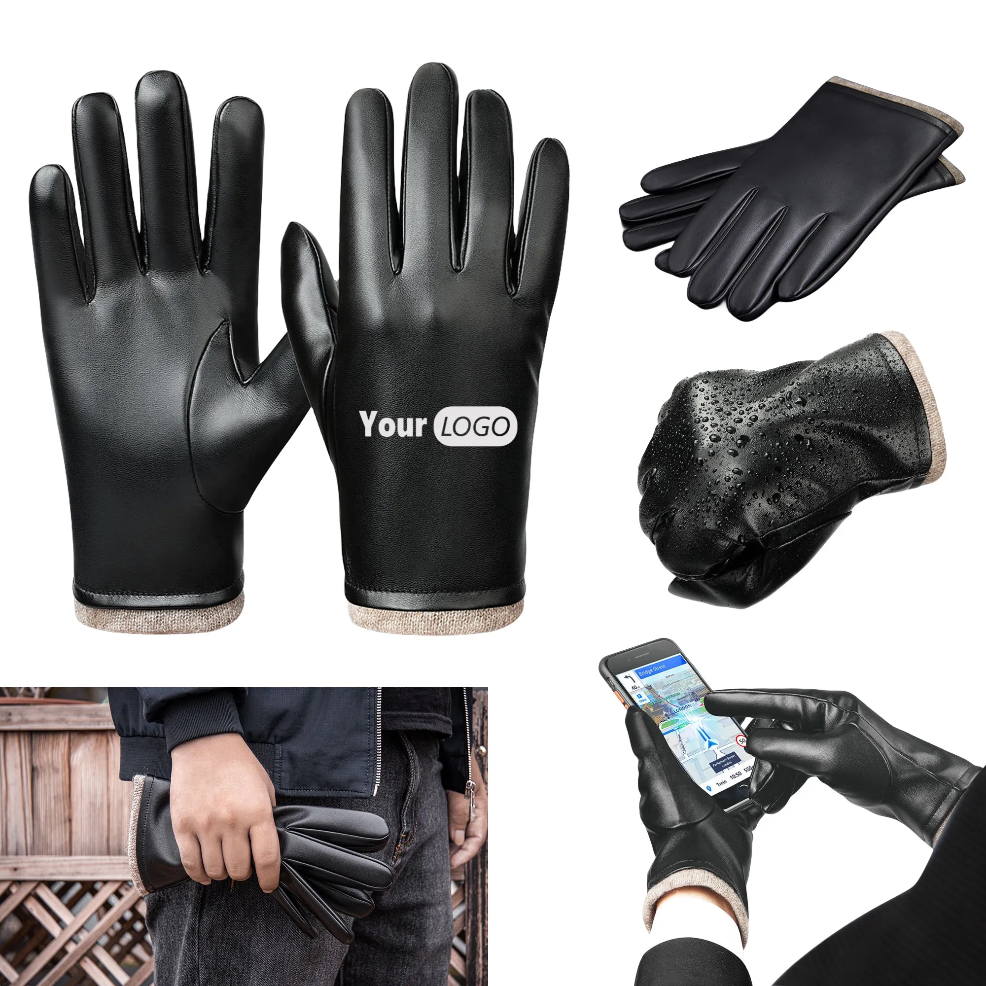 Fashionable Functional Winter PU Leather Gloves Wool Lining 4