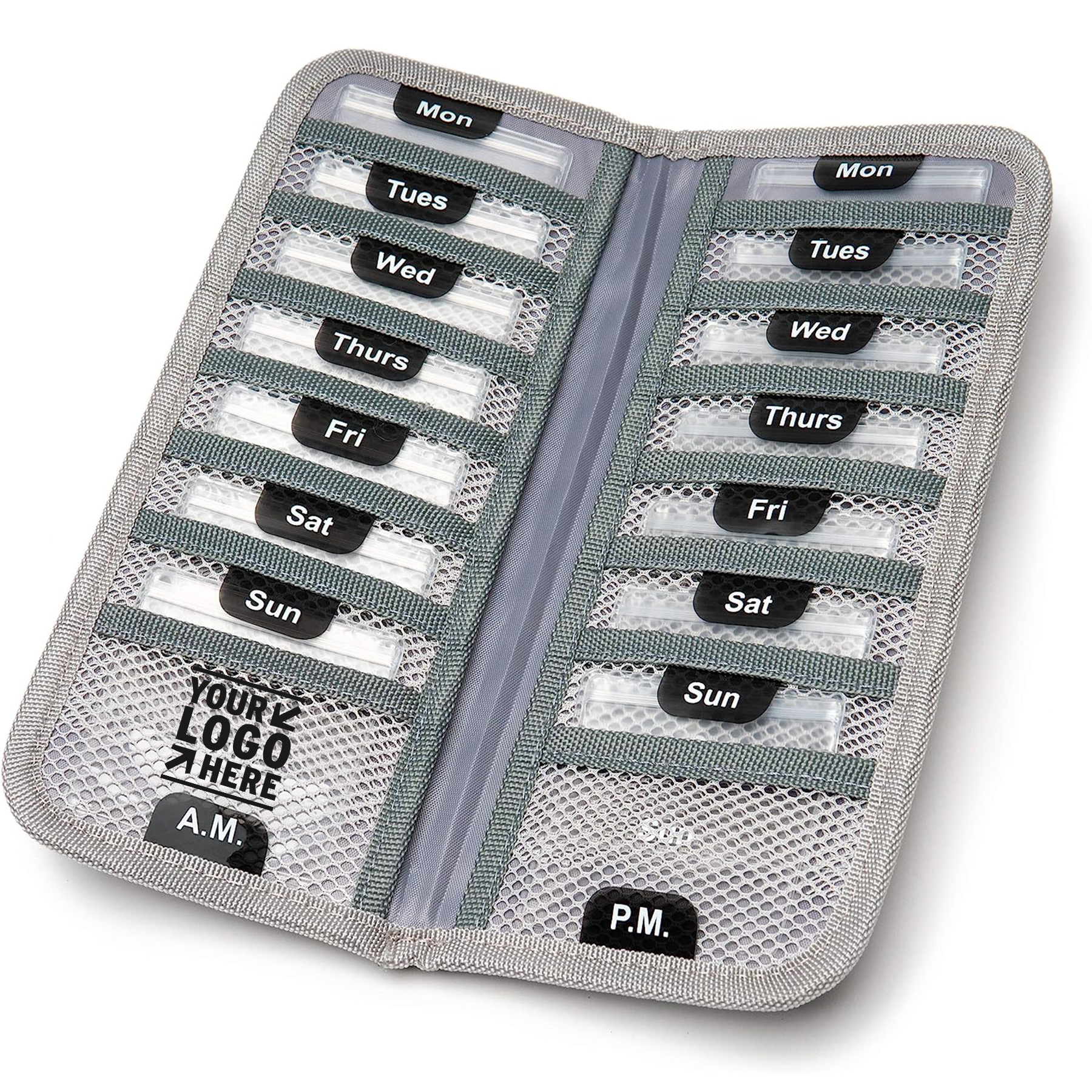 Grey Travel 14 Labeled Monday-Sunday AM/PM Vitamins Pouches Bi-Folding Pill     2