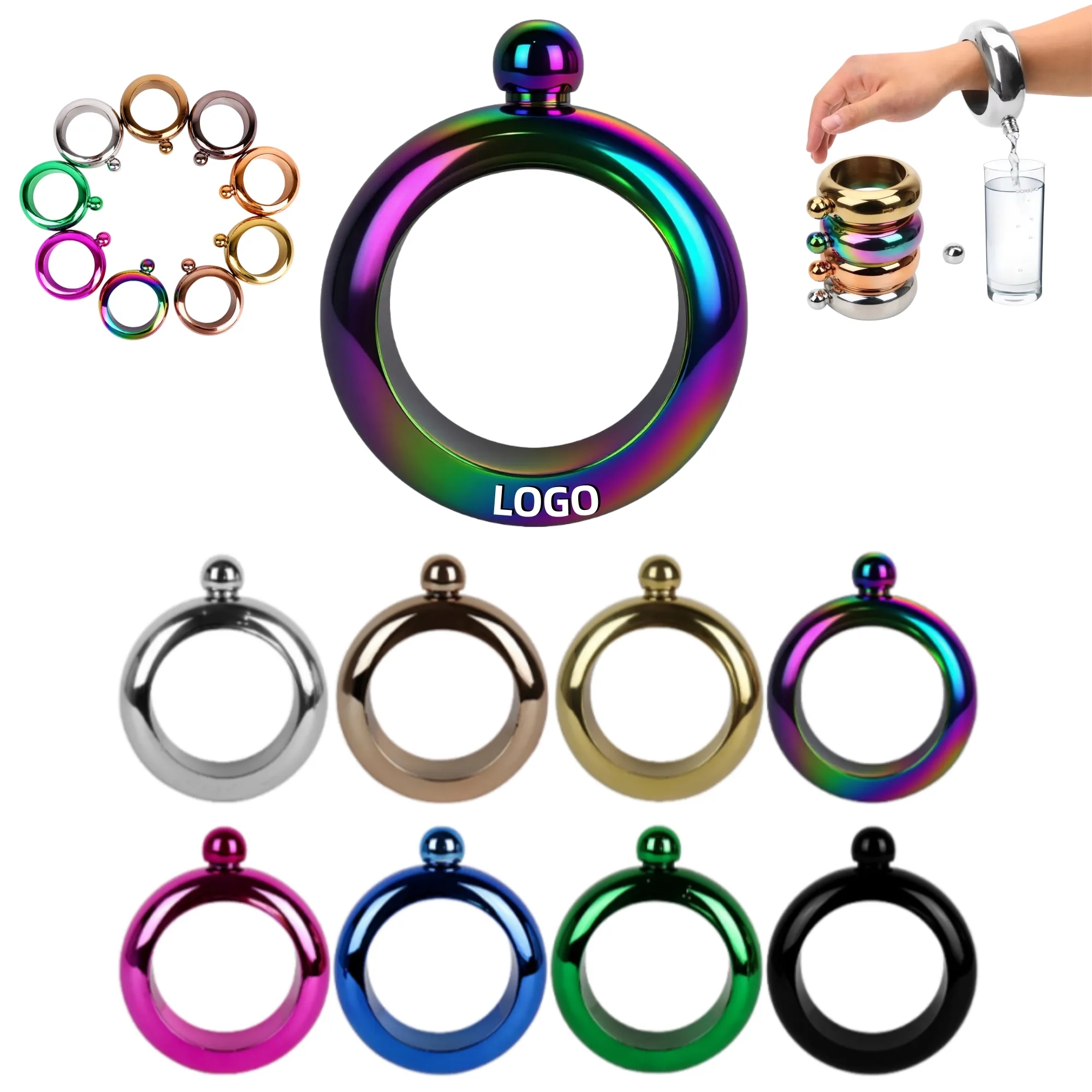 3.5oz 304 Stainless Steel Ring Shaped Hip Flask, custom water bottle with logo imprint 5