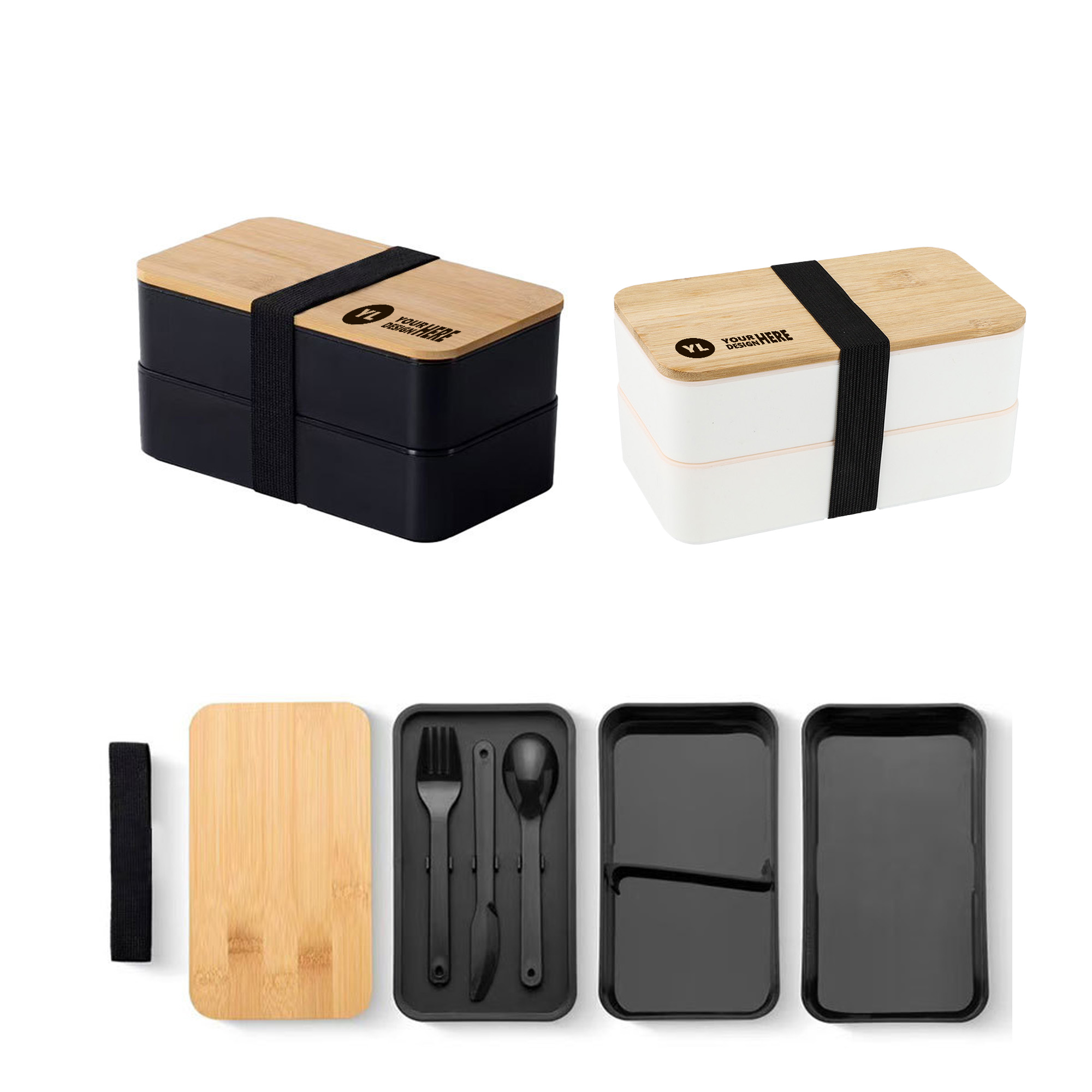 Portable Double-Layer Bamboo Lid PP Bento Box 2