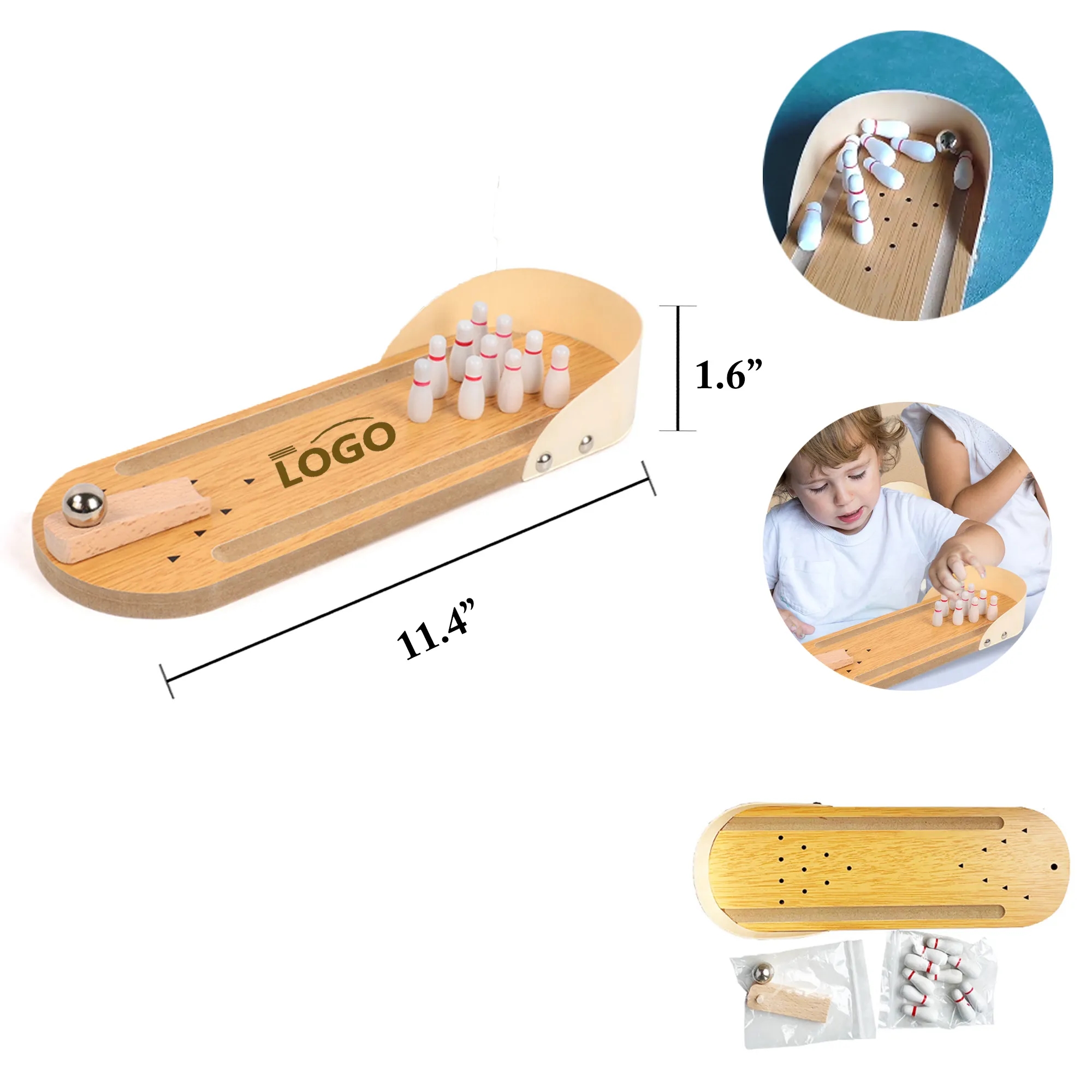 MOQ25 Wooden Mini Bowling Game Kids Interactive Toy 4