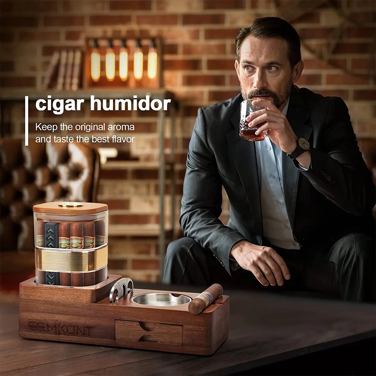 Wooden Cigar Case Humidor Ashtray Set With Cutter Office 2
