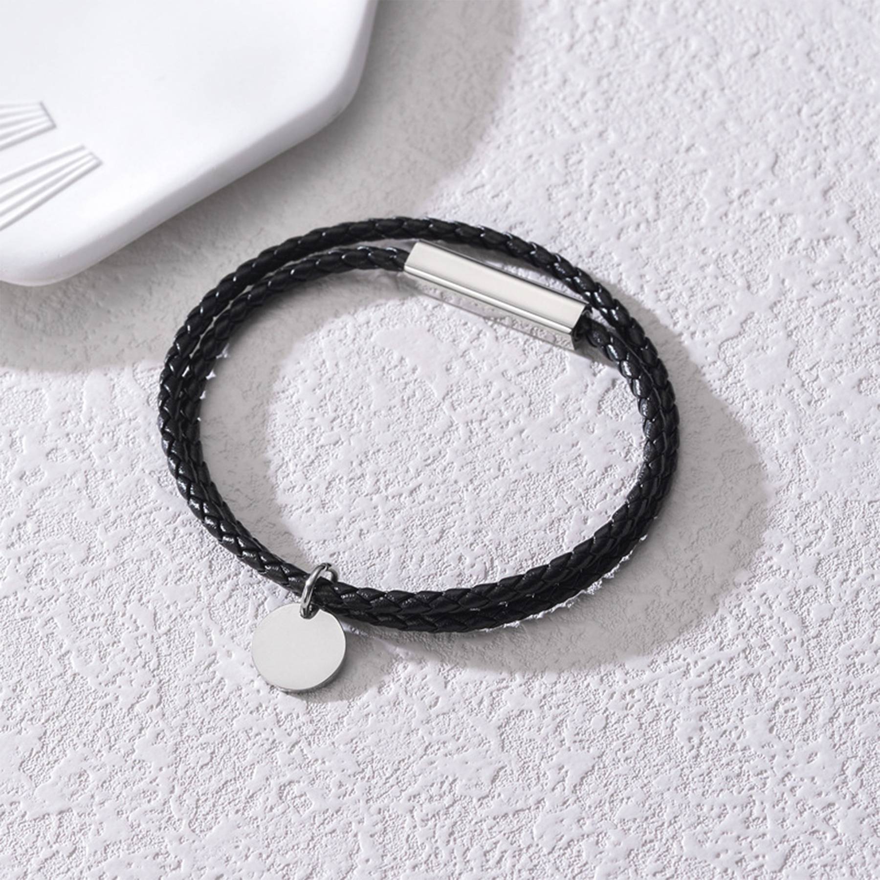 Steel Braided leather rope round pendant bracelet 4