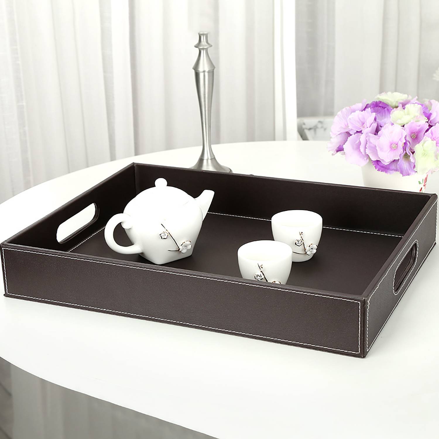 PU Leather Storage Tray w/ Handles for Household Office 9