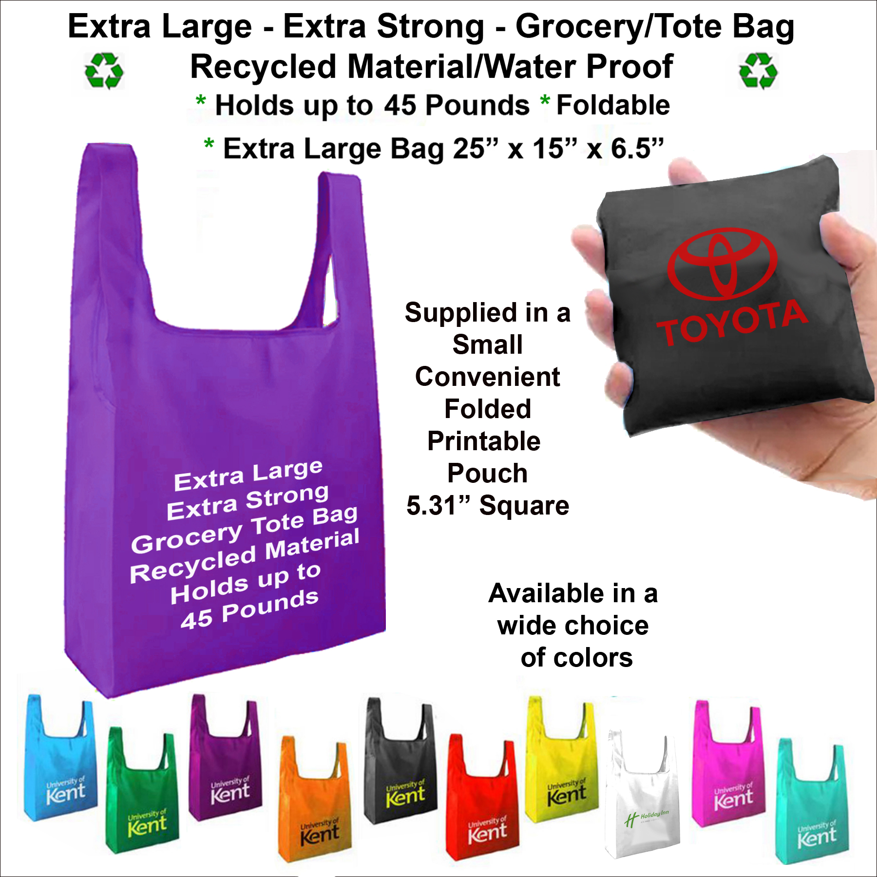 Extra Large, Extra Strong Grocery/Tote Bag - Holds up to 45 Pounds, Recycled Material - Water Proof