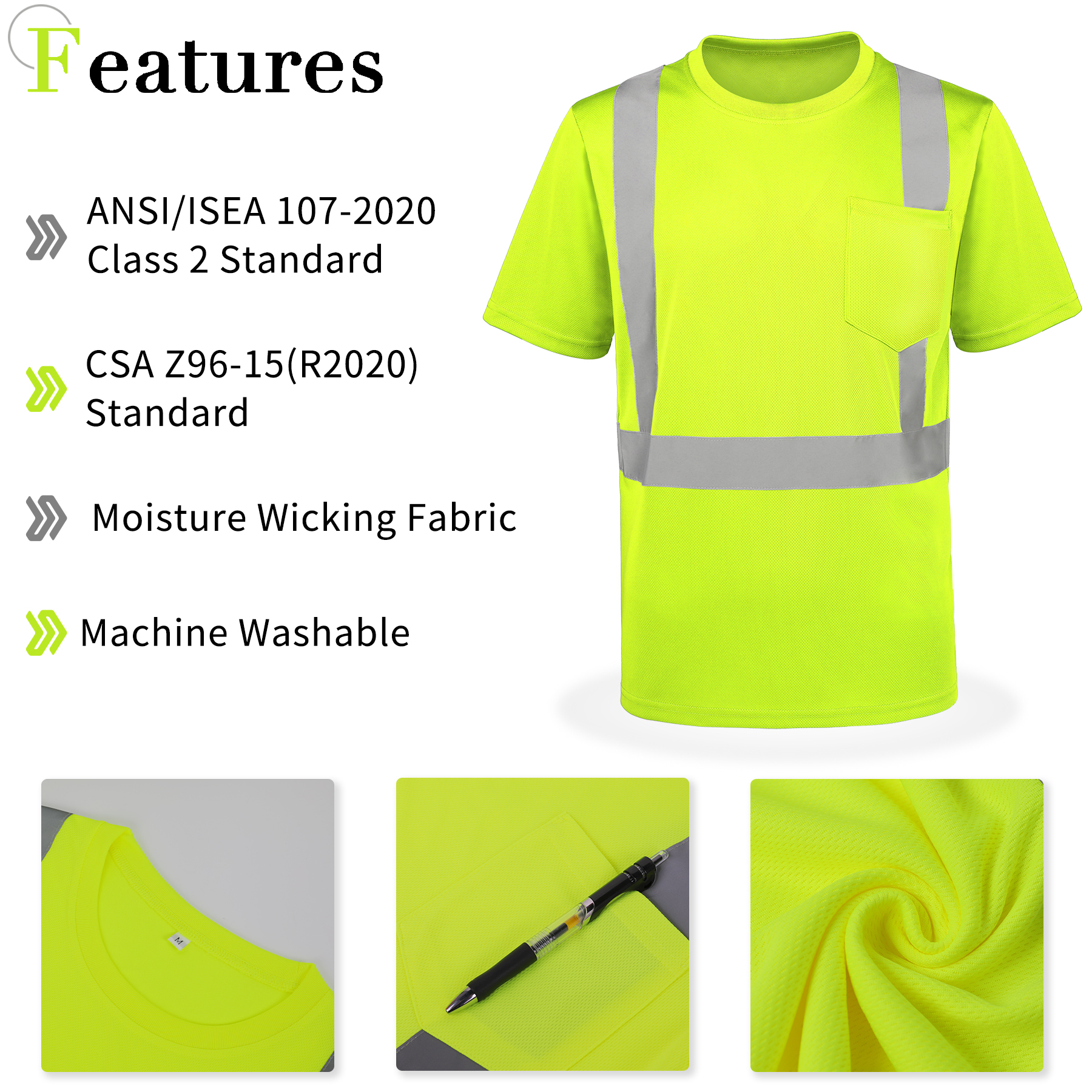 4 Oz. Class 2 Men's Short Sleeve Hi Vis Reflective Safety T-Shirt W/ Pocket 4