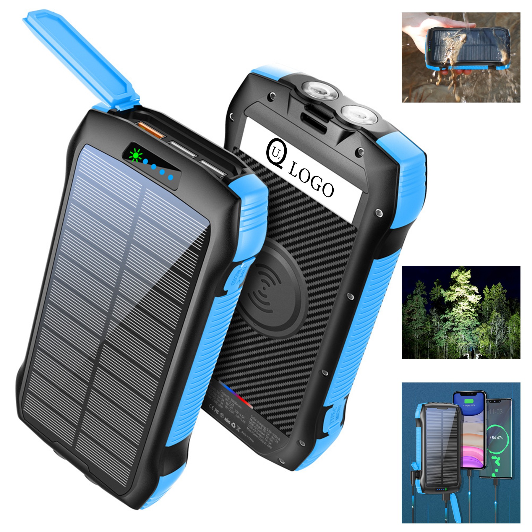 20000Mah Wireless Charging Solar Power Bank Flashlight