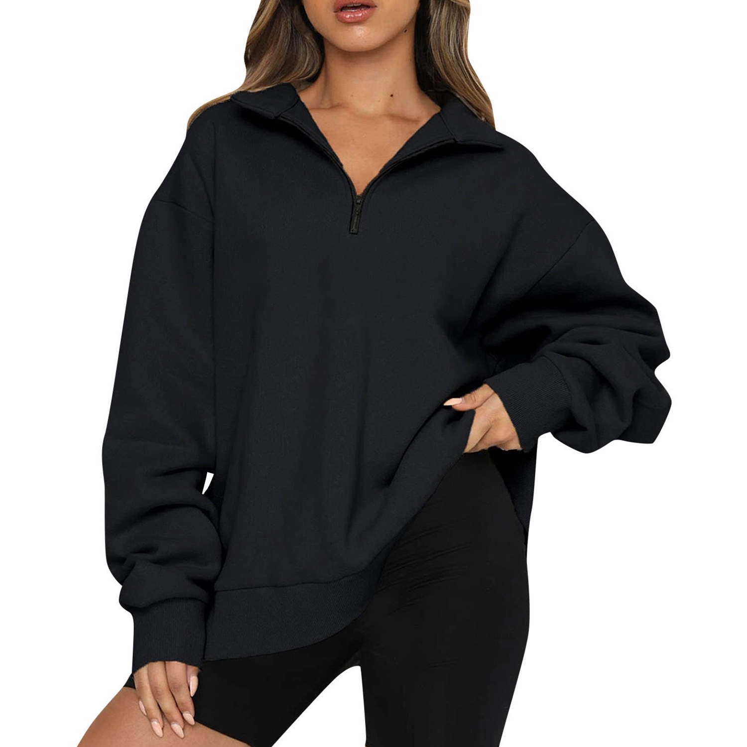 Womens Oversized Half Zip Pullover Long Sleeve Sweatshirt 11