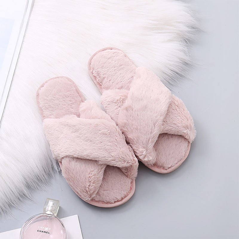 Women's Cross Band Slippers Soft Plush Furry Cozy Open Toe House Shoes 10