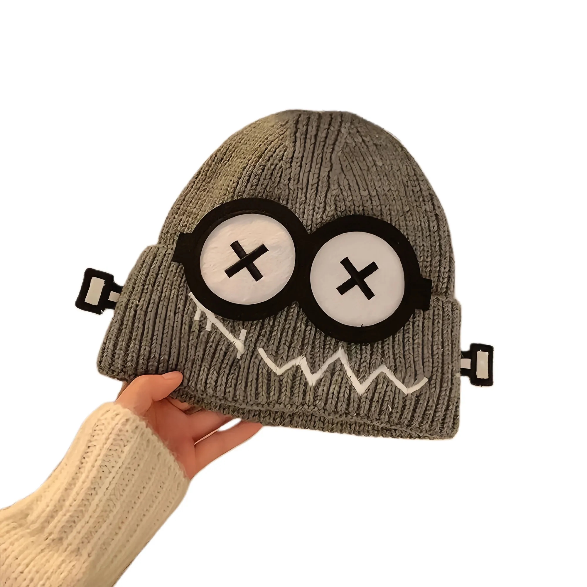 Funny Fault Robot Big Eye Knit Beanie For Women Winter Warm 3