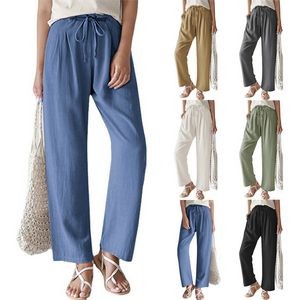 Women Solid Color Elastic Waist Straight Trousers 3