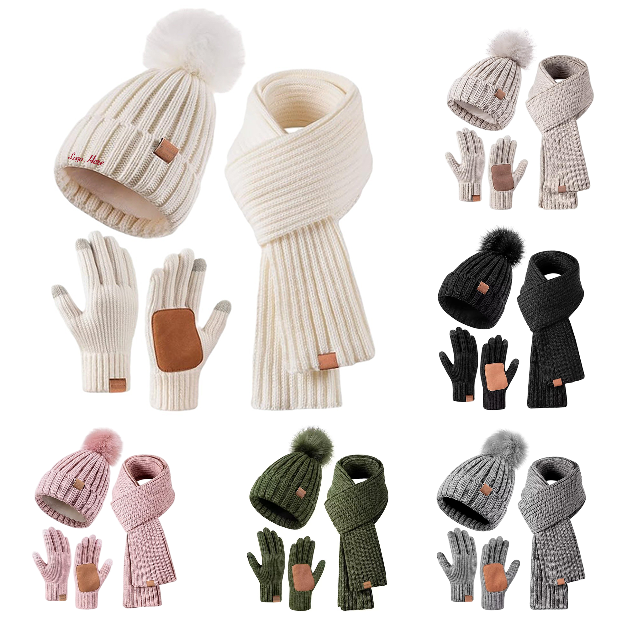 Warm Knit Hat Scarf Touch Screen Gloves Set 1