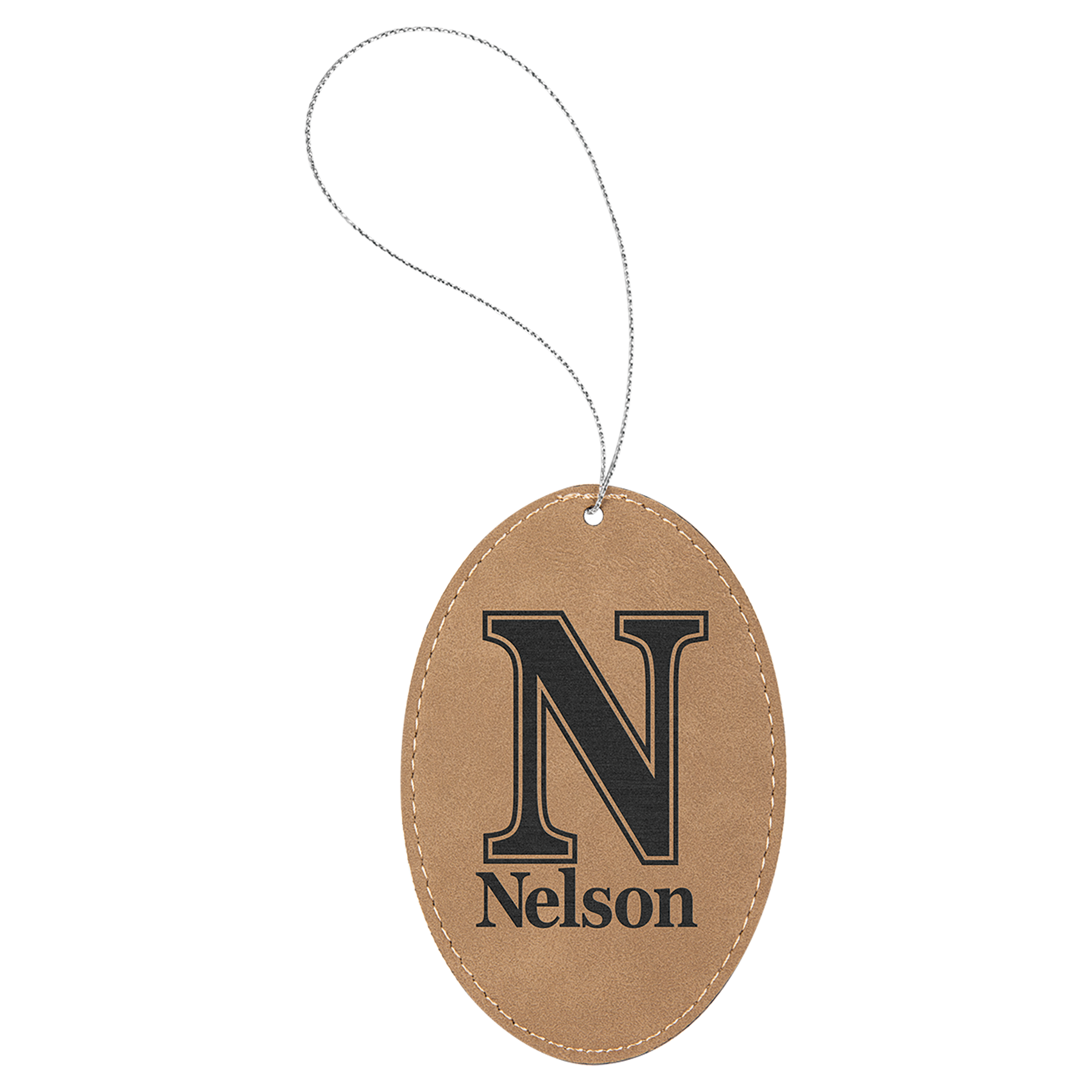 Light Brown Laserable Leatherette Oval Ornament w/Silver String 2