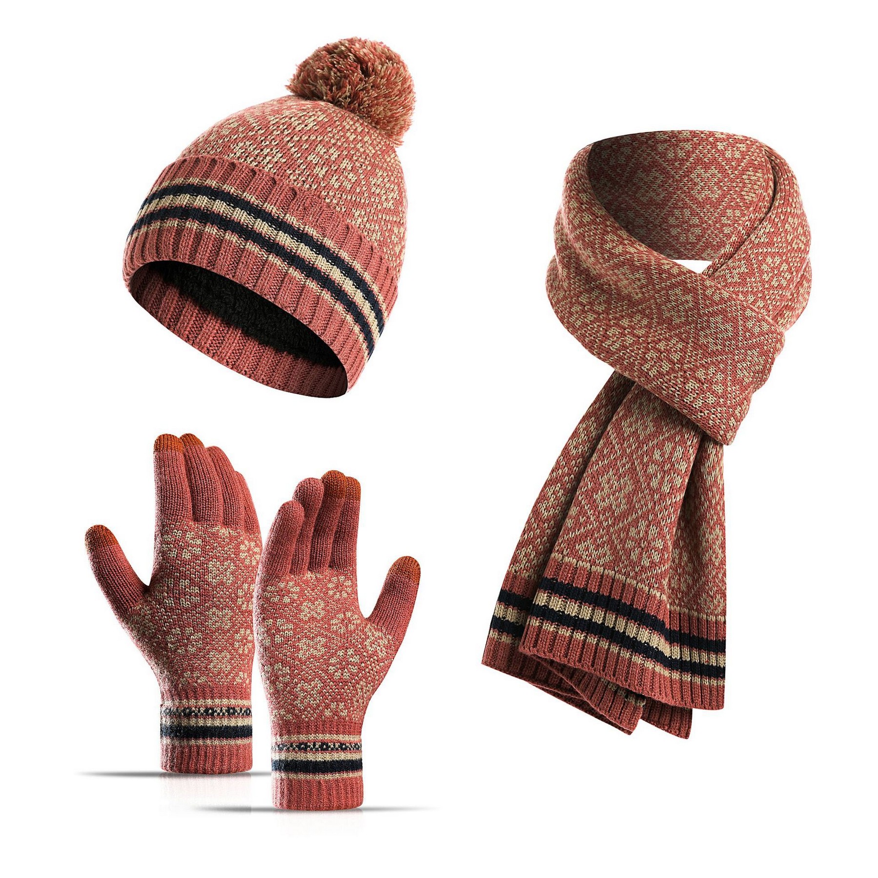Winter Pom-pom Beanie Hat Scarf Touch Screen Gloves Set 5