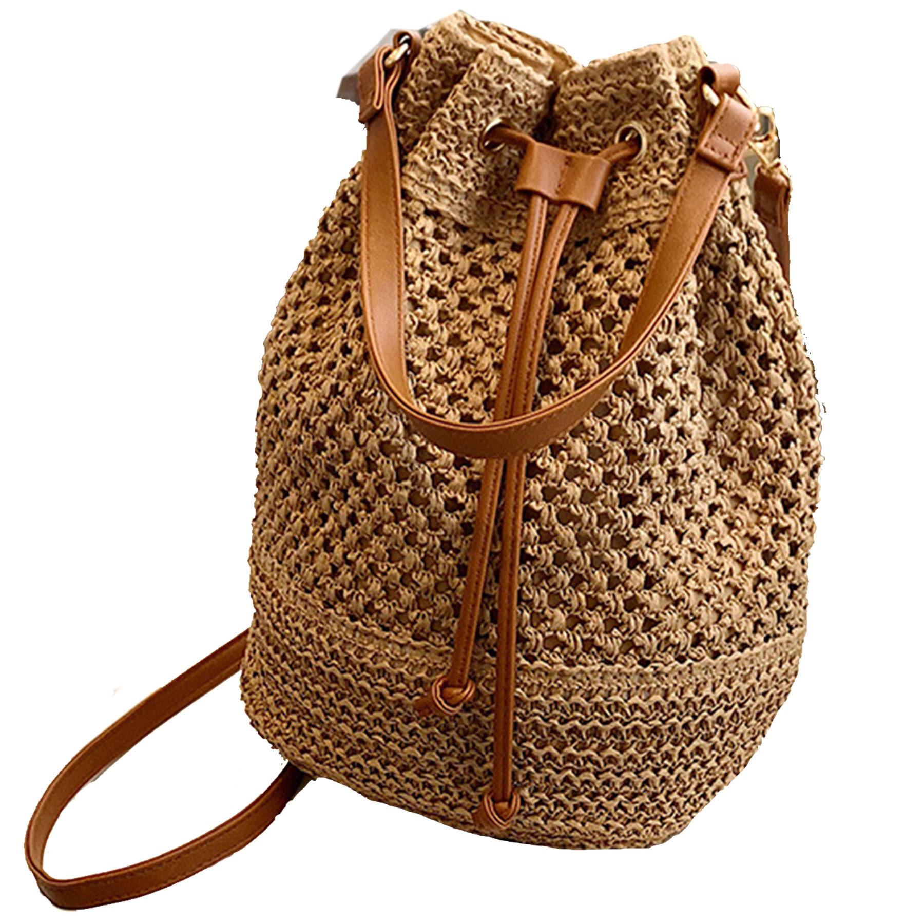 Jute Woven Beach Drawstring Bucket Handbag Crossbody Bag 2