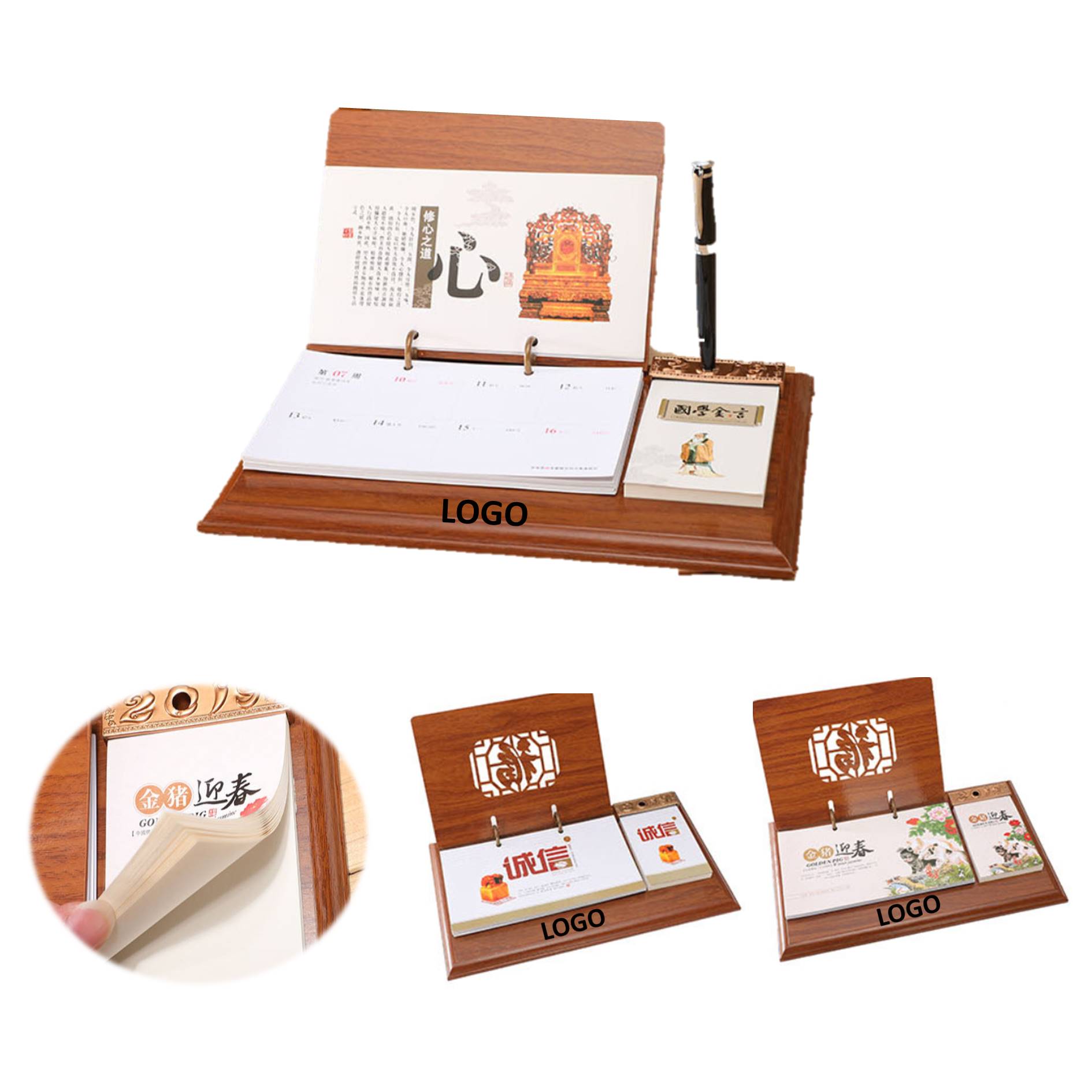 Notepad Wooden Desk Calendars With Pen Holder 1