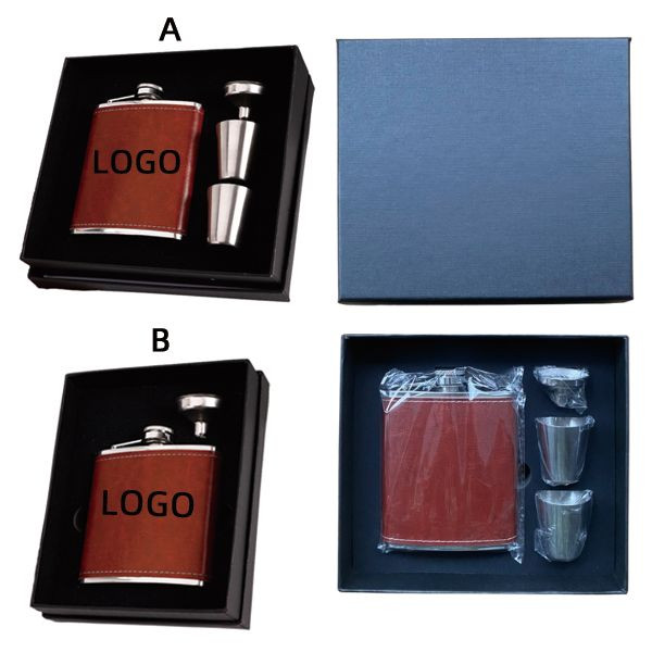 8 oz Stainless Steel Leatherette Flask Gift Set 2