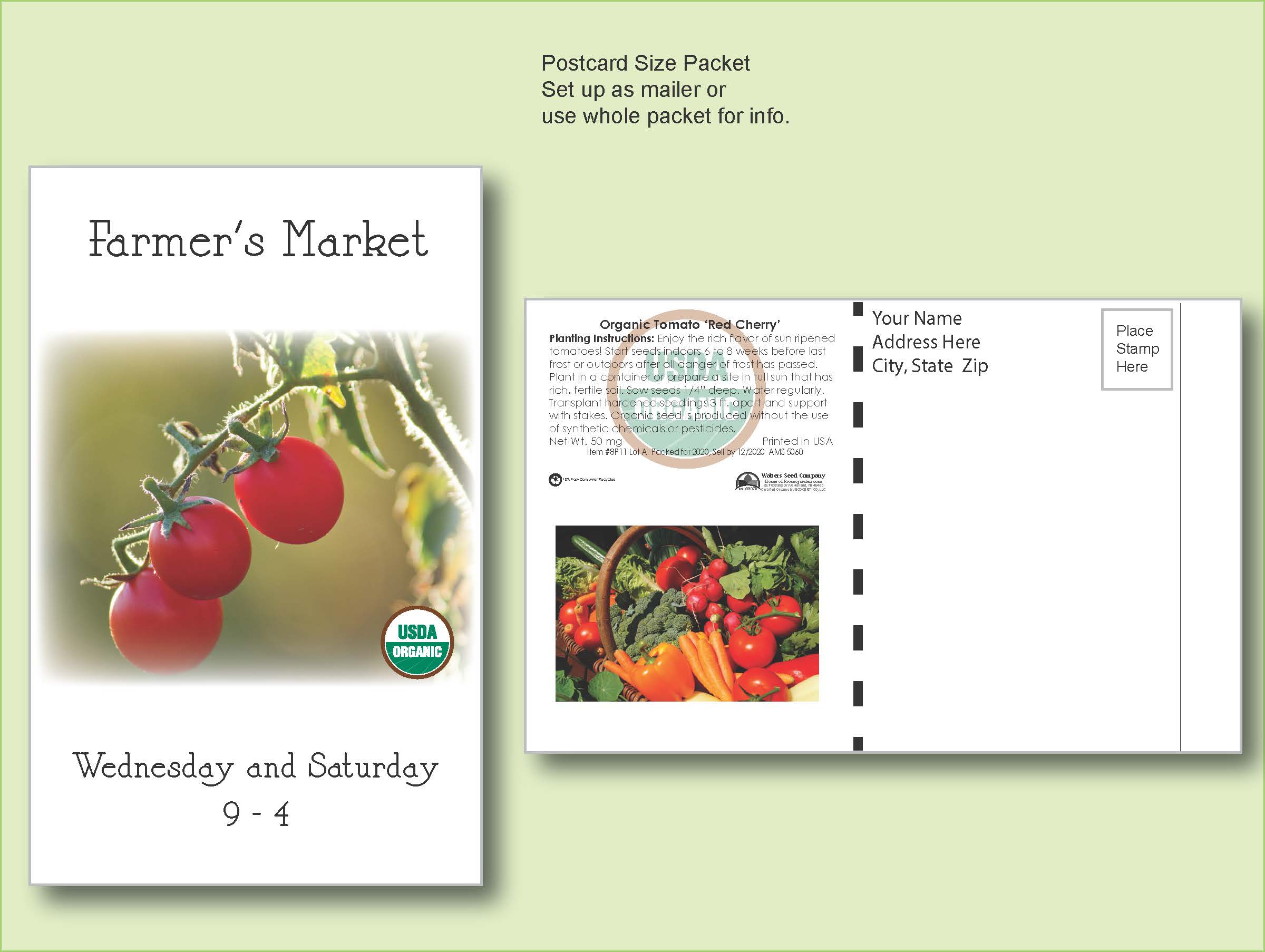 Organic Tomato Red Cherry Seed Packet - Postcard Mailer Size 4" x 6.5" 2