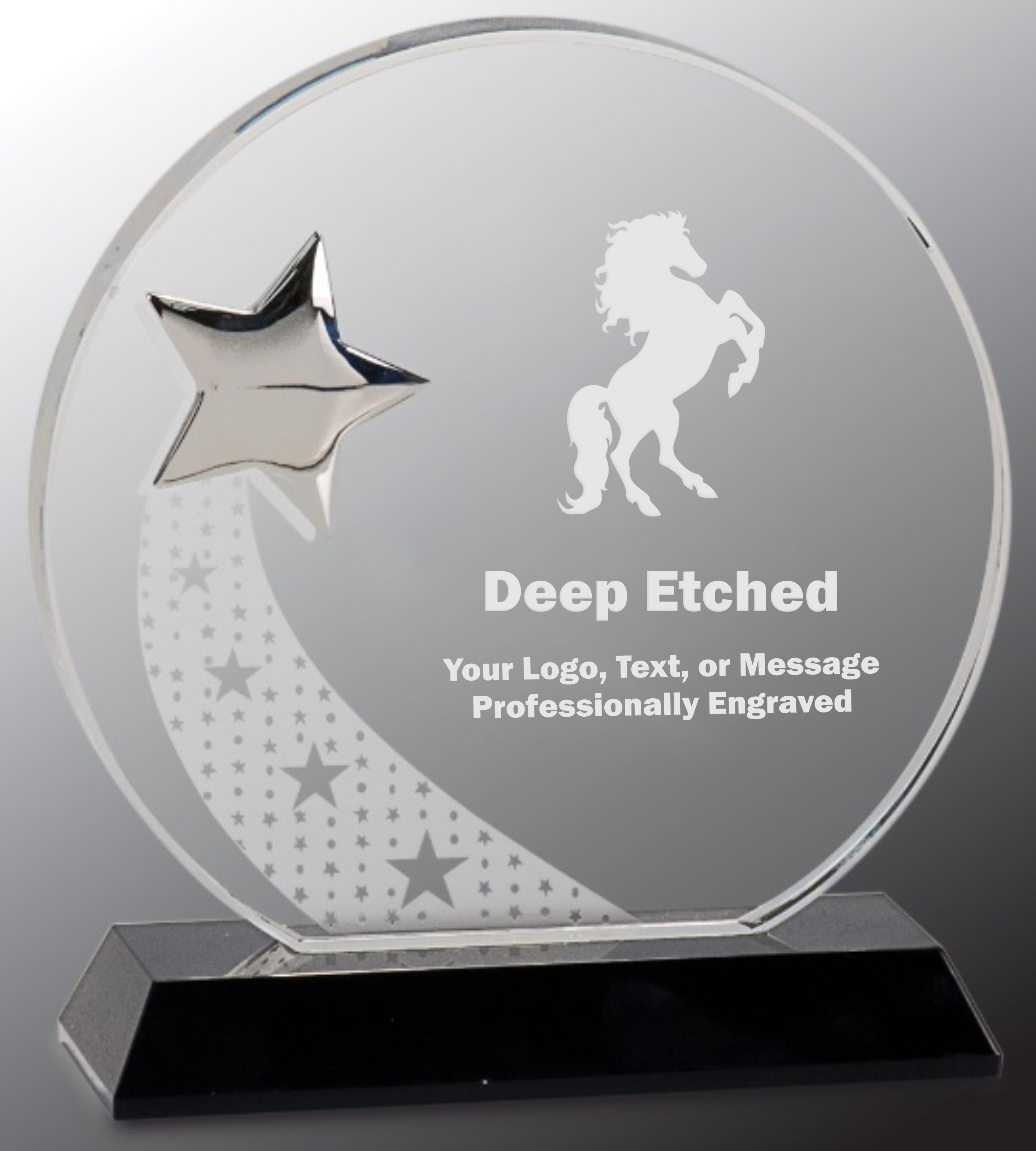 6 1/4" Round Crystal Award with Silver Star on Black Pedestal Base