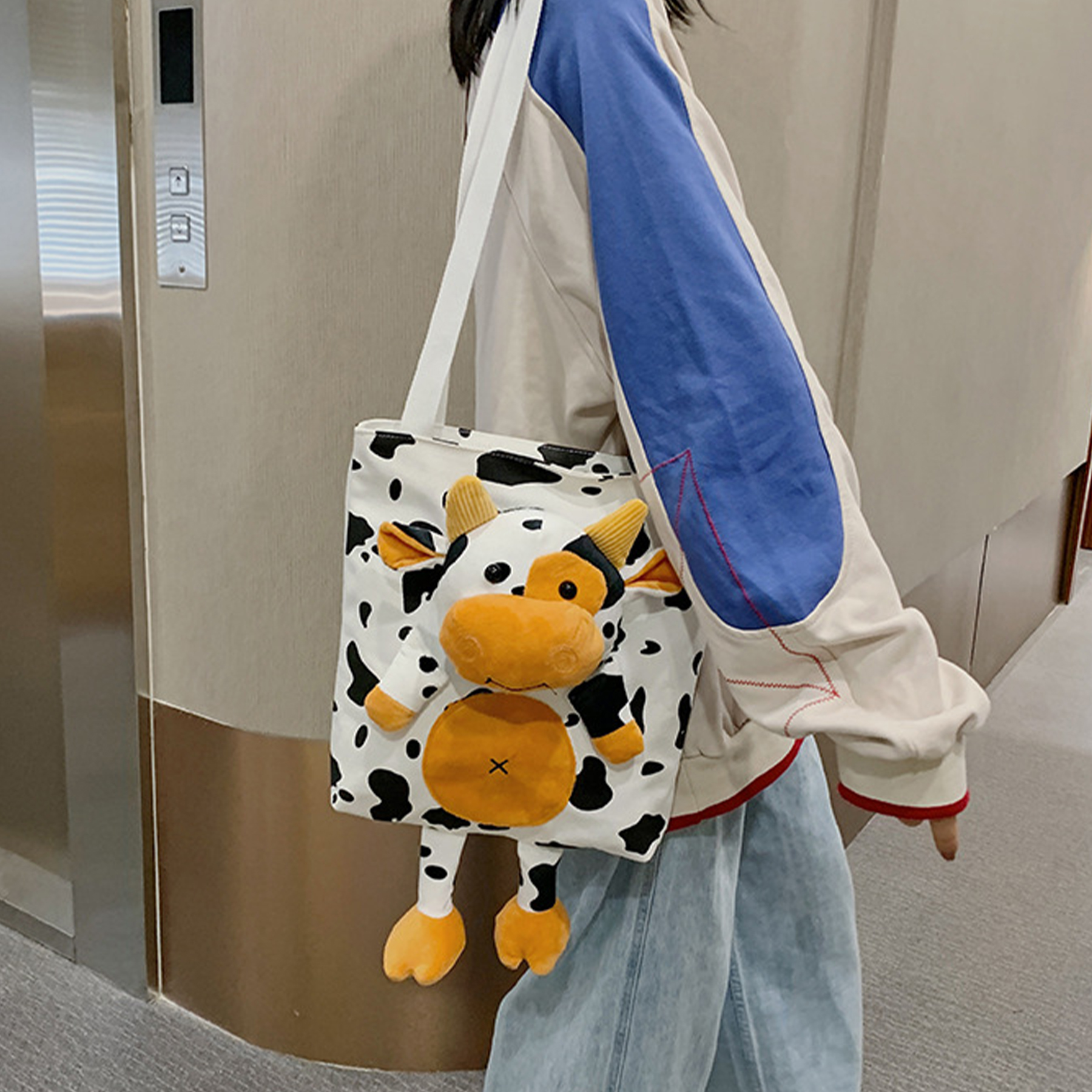 Canvas Cartoon Cow Large Capacity Tote Bag 6