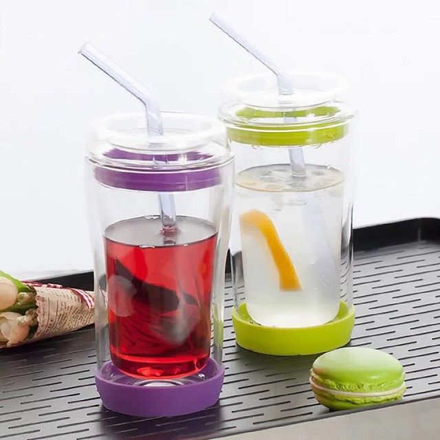 Double Wall Glass Juice Cup w/ Glass Lid & Straw 10 oz 4