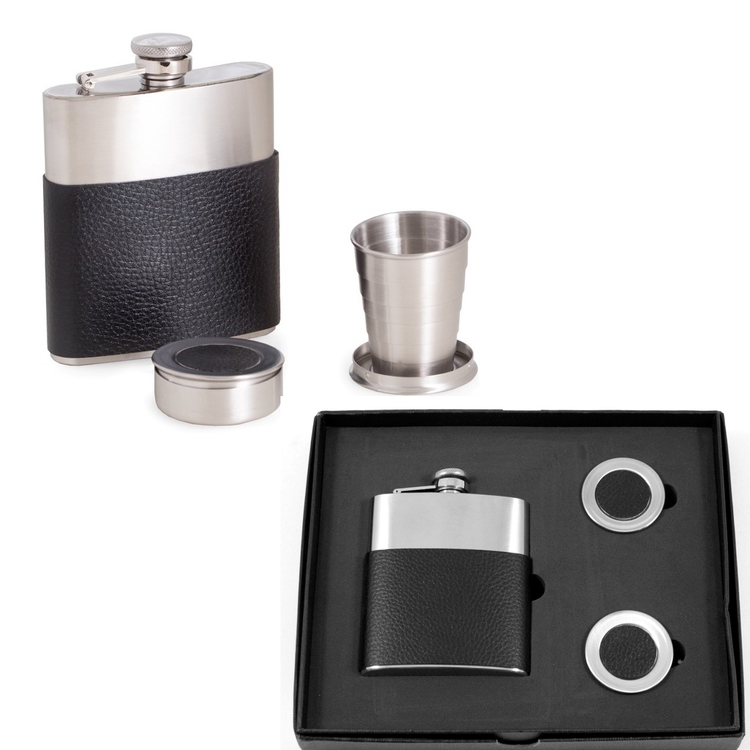 3 in 1 Stainless Steel/Black Leather Flask w/ 2 Collapsible Cups 2