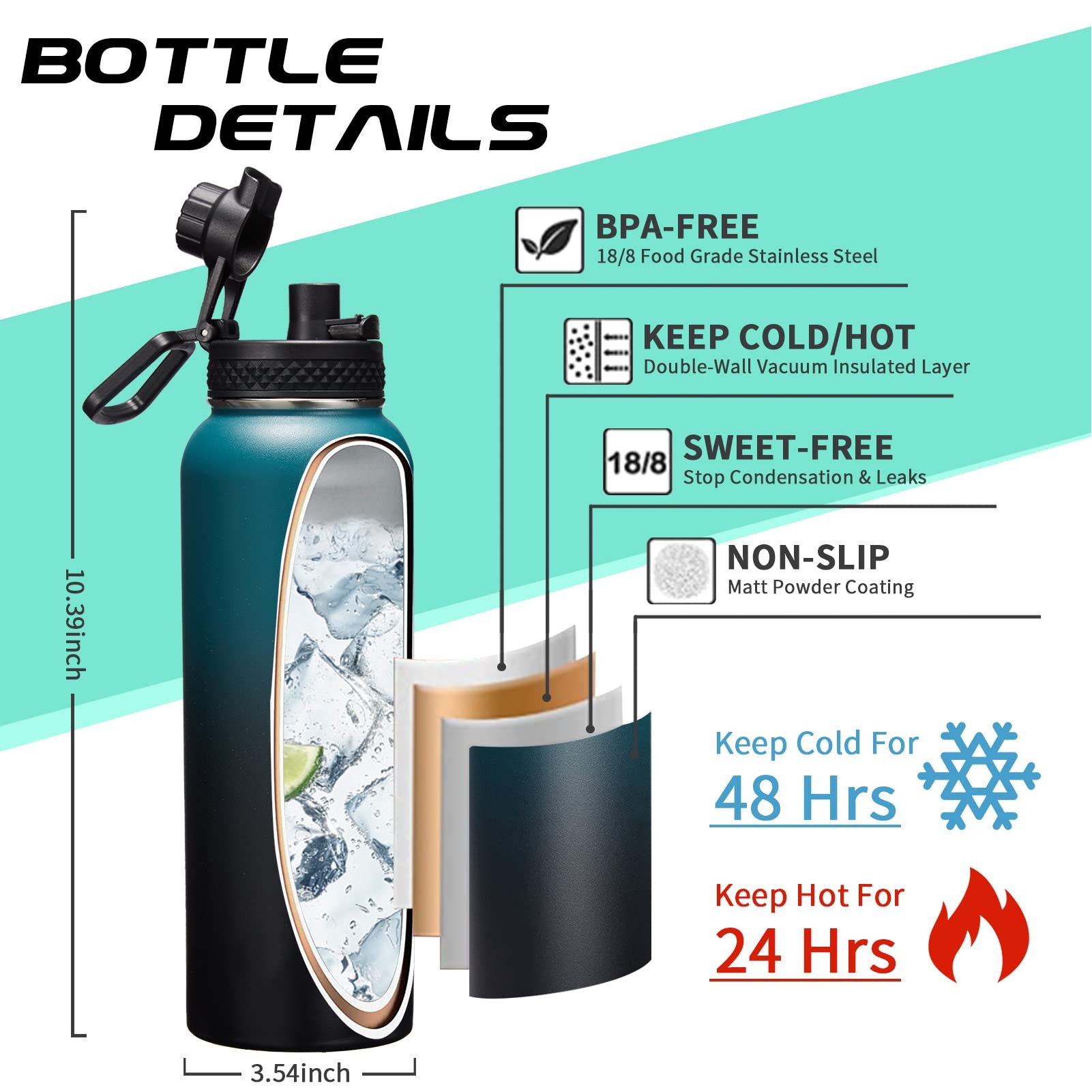40oz Water Bottle with paracord handle and thermos flask Cap, Double Wall Vacuum Insulated, custom water bottle with logo imprint 3