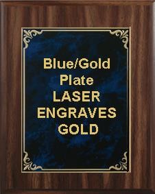 9" x 12" Classic Walnut Finish Plaque with a Blue/Gold Aluminum High Relief Plate 1