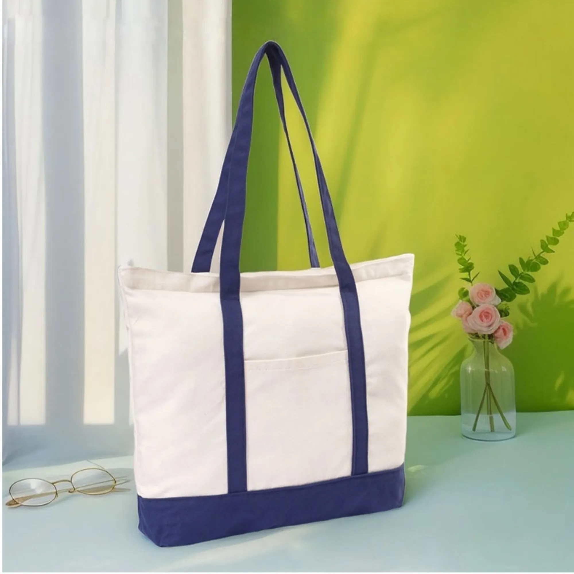 100% Cotton Canvas Tote Bag Top Zipper Closure 5